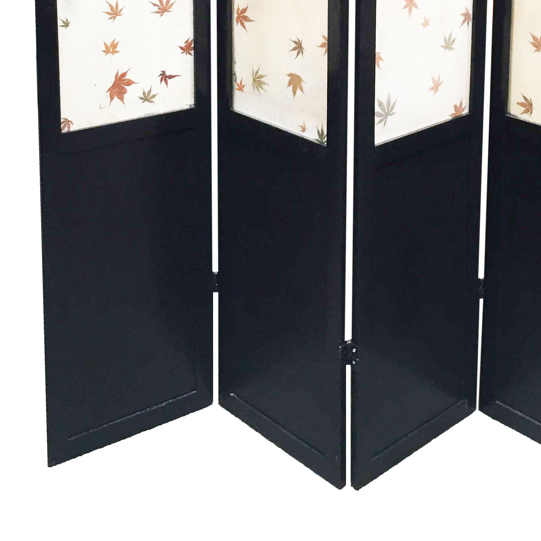 Black Lacquer Folding Screen w/ Fiberglass Maple Leaf Inserts For Sale 1