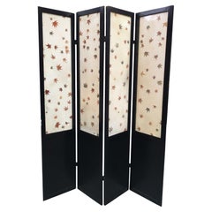 Vintage Black Lacquer Folding Screen w/ Fiberglass Maple Leaf Inserts