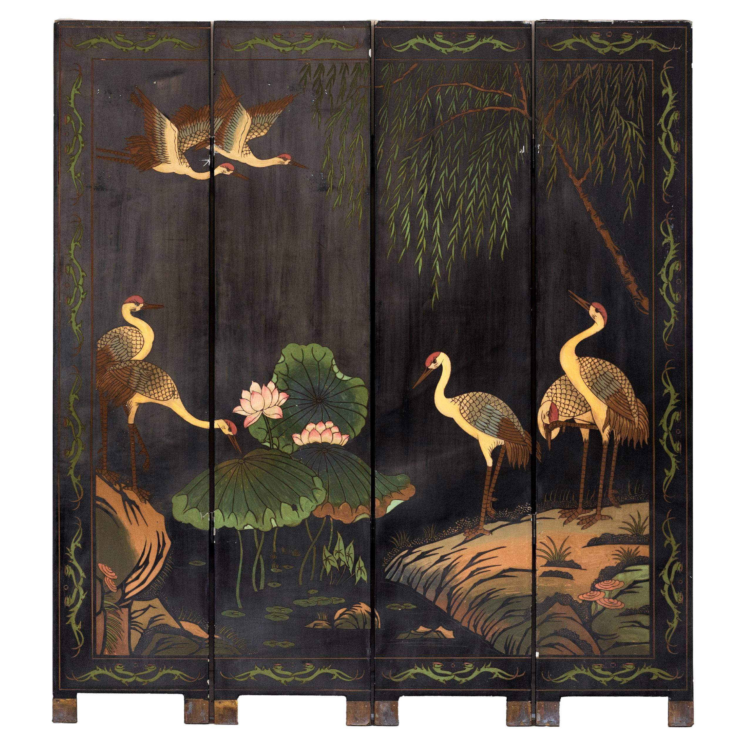 Black Lacquer Four-Panel Hand-Painted Screen with Red-Crown Cranes -Vintage