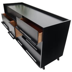 Black Lacquer Gallery Top Pieced Sculptural Wood Pulls Handles Dresser Credenza