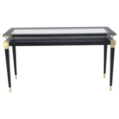 Black Lacquer Glass and Brass Two-Tier Console