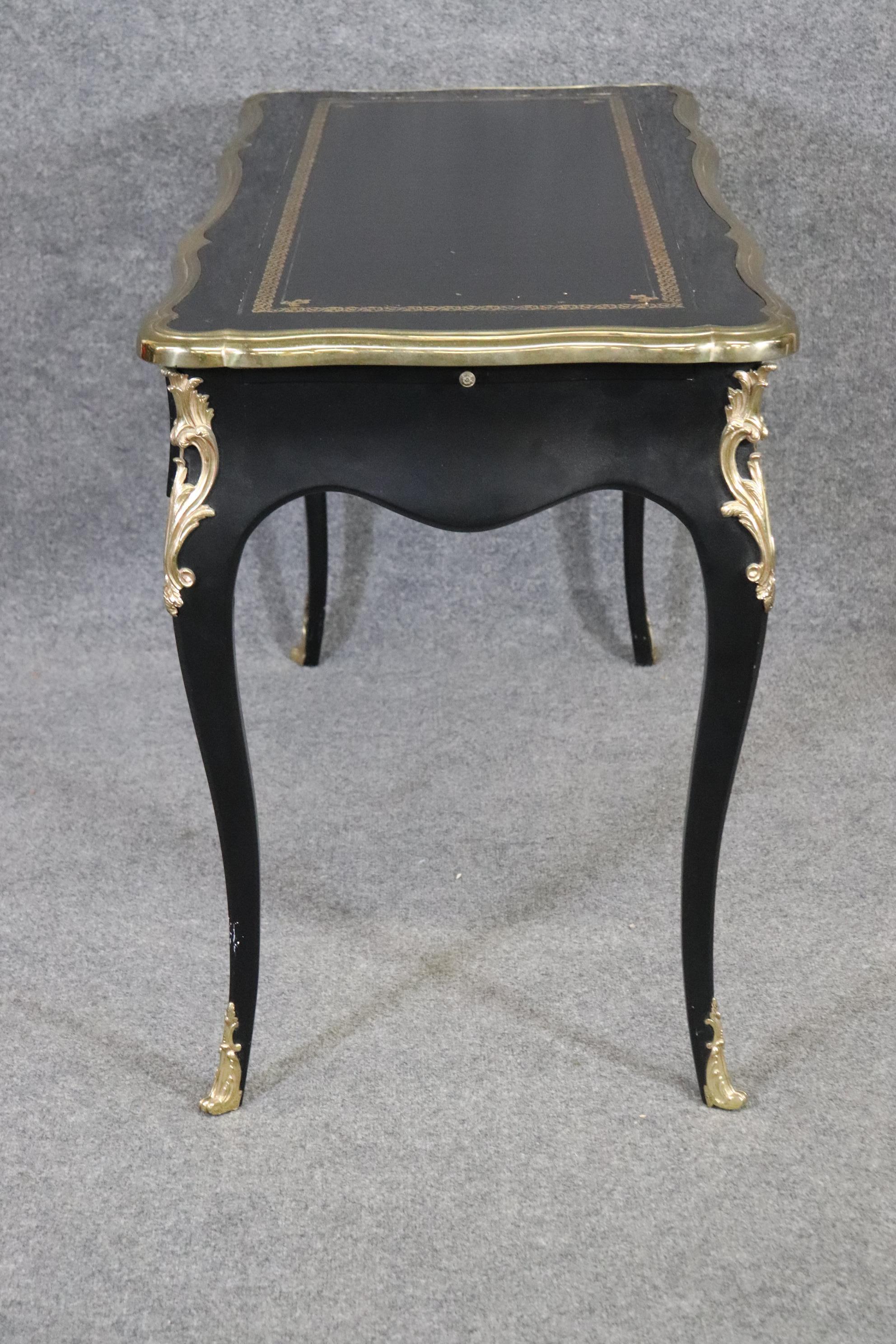 American Black Lacquer Gold Embossed Leather Top French Louis XV Bureau Plat Desk
