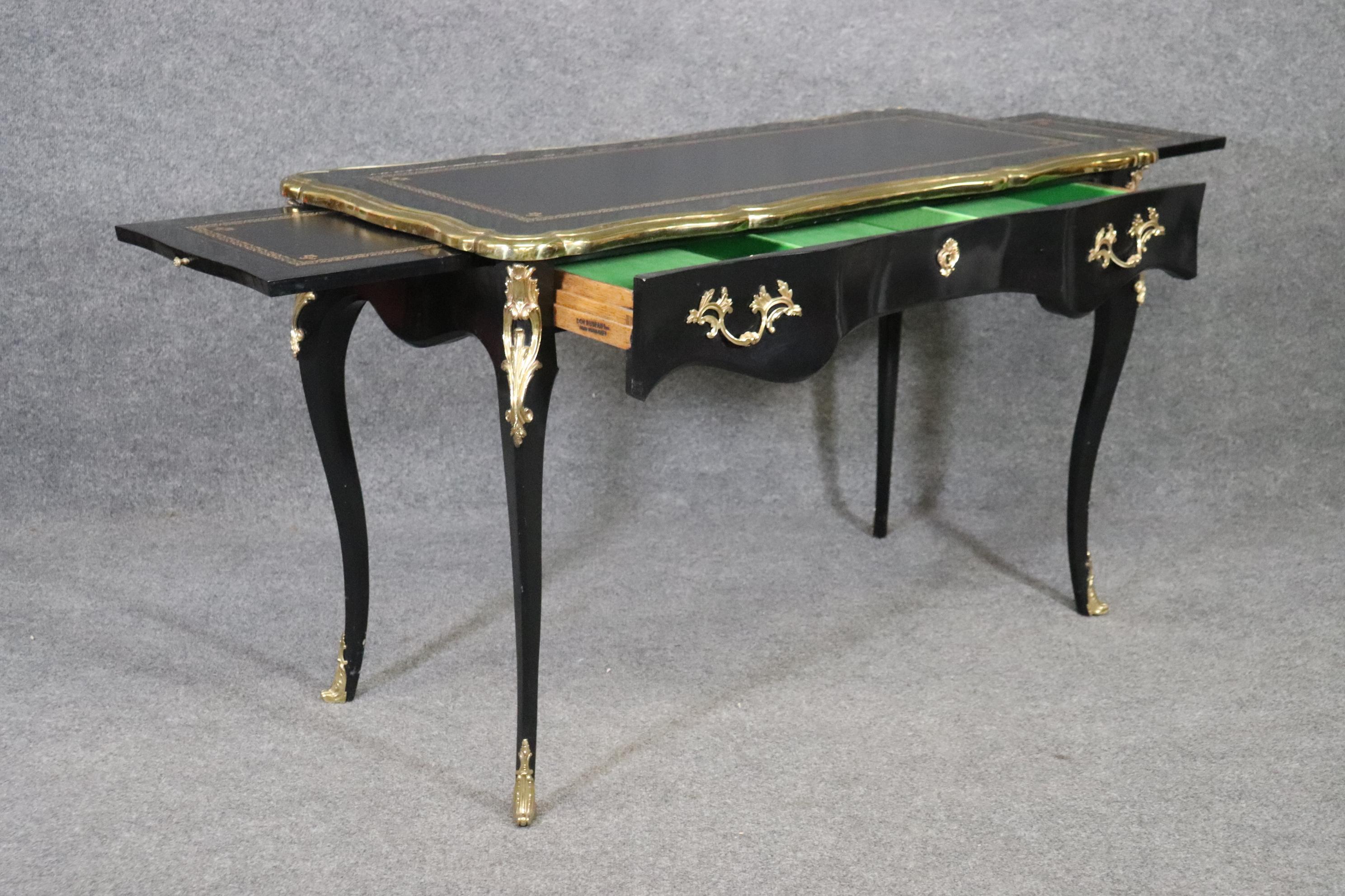 Brass Black Lacquer Gold Embossed Leather Top French Louis XV Bureau Plat Desk