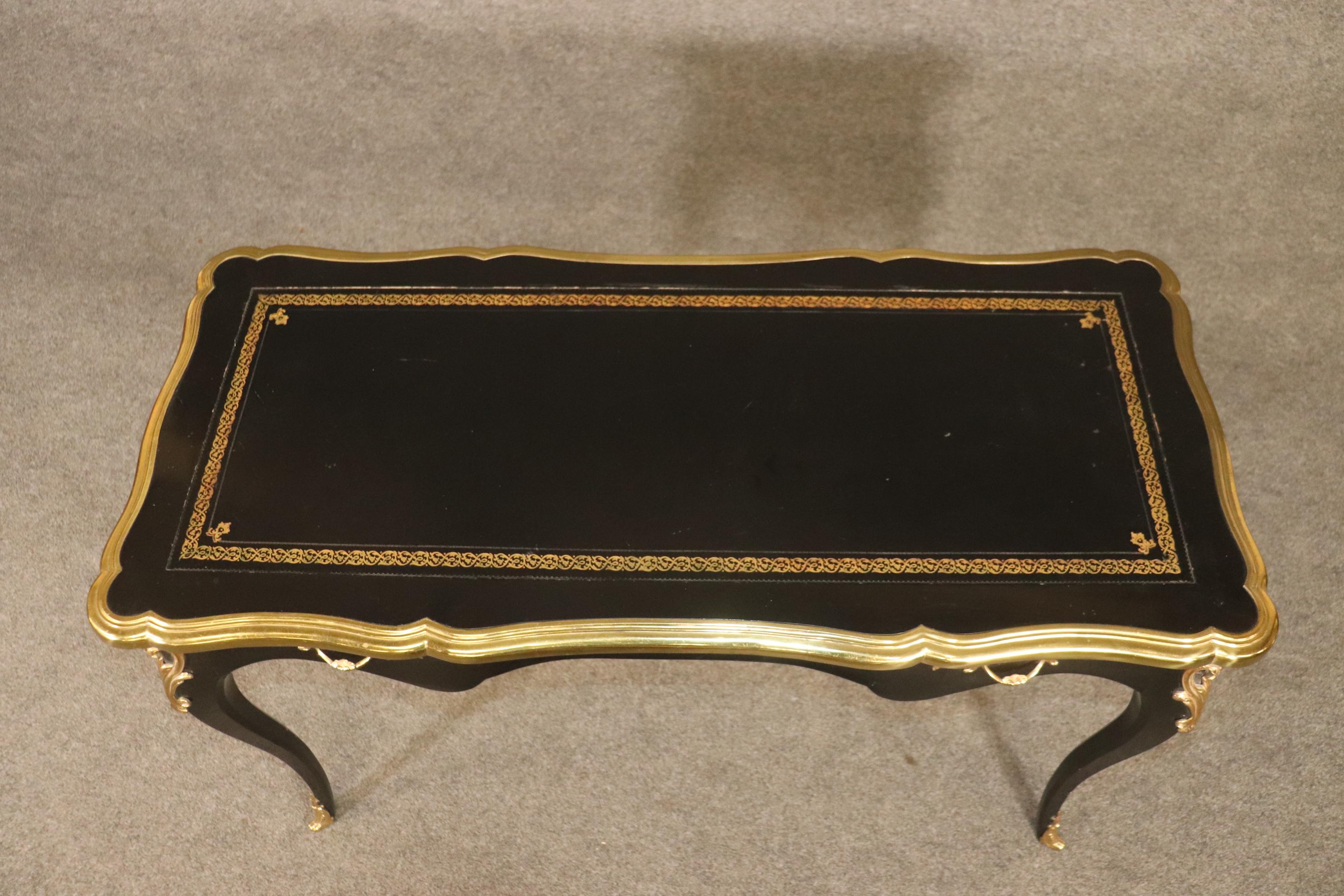 Black Lacquer Gold Embossed Leather Top French Louis XV Bureau Plat Desk 1