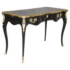 Black Lacquer Gold Embossed Leather Top French Louis XV Bureau Plat Desk