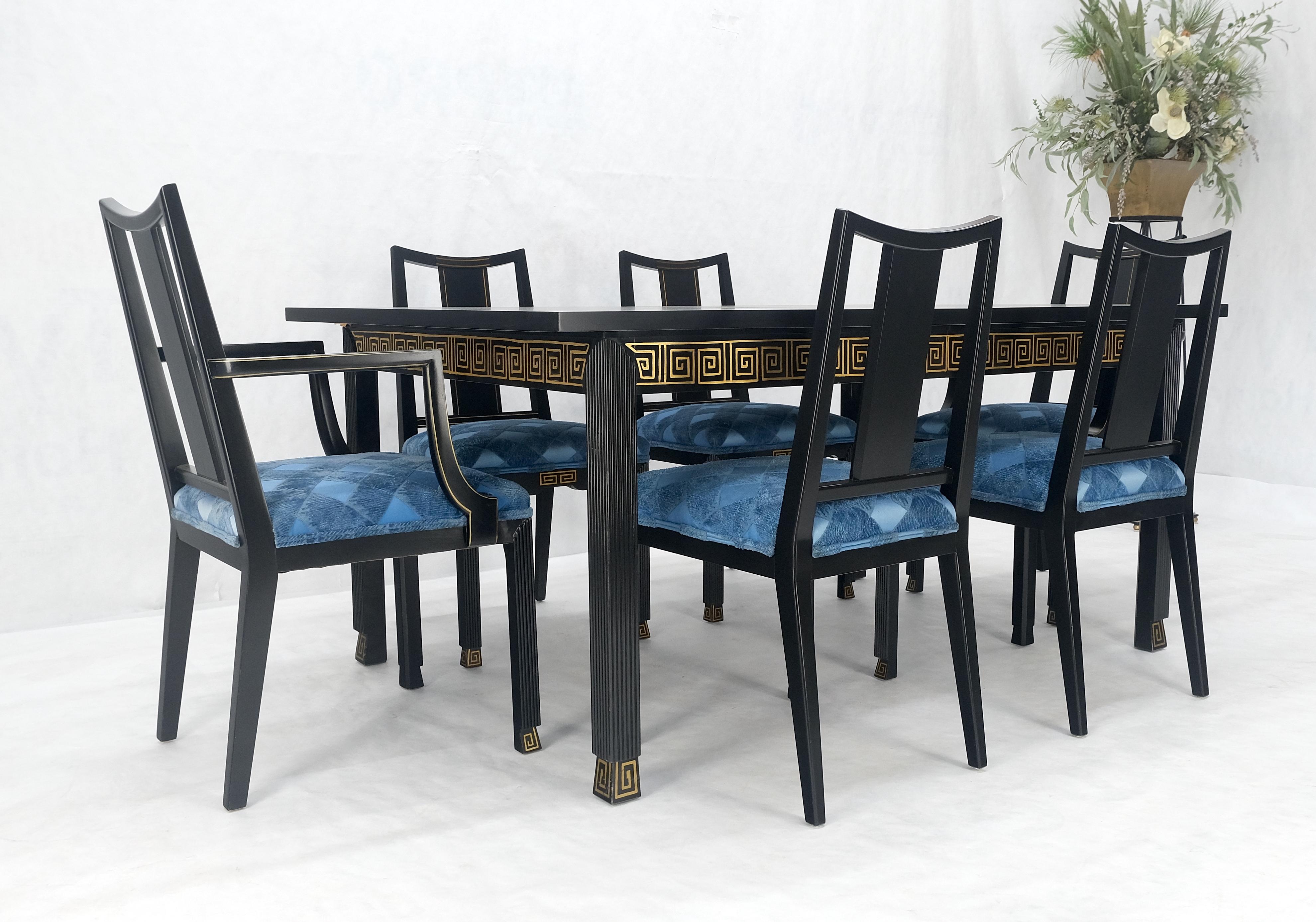 Black Lacquer Gold Ornament Decorated 6 Chairs 2 Leaves Dining Table Set MINT! For Sale 4