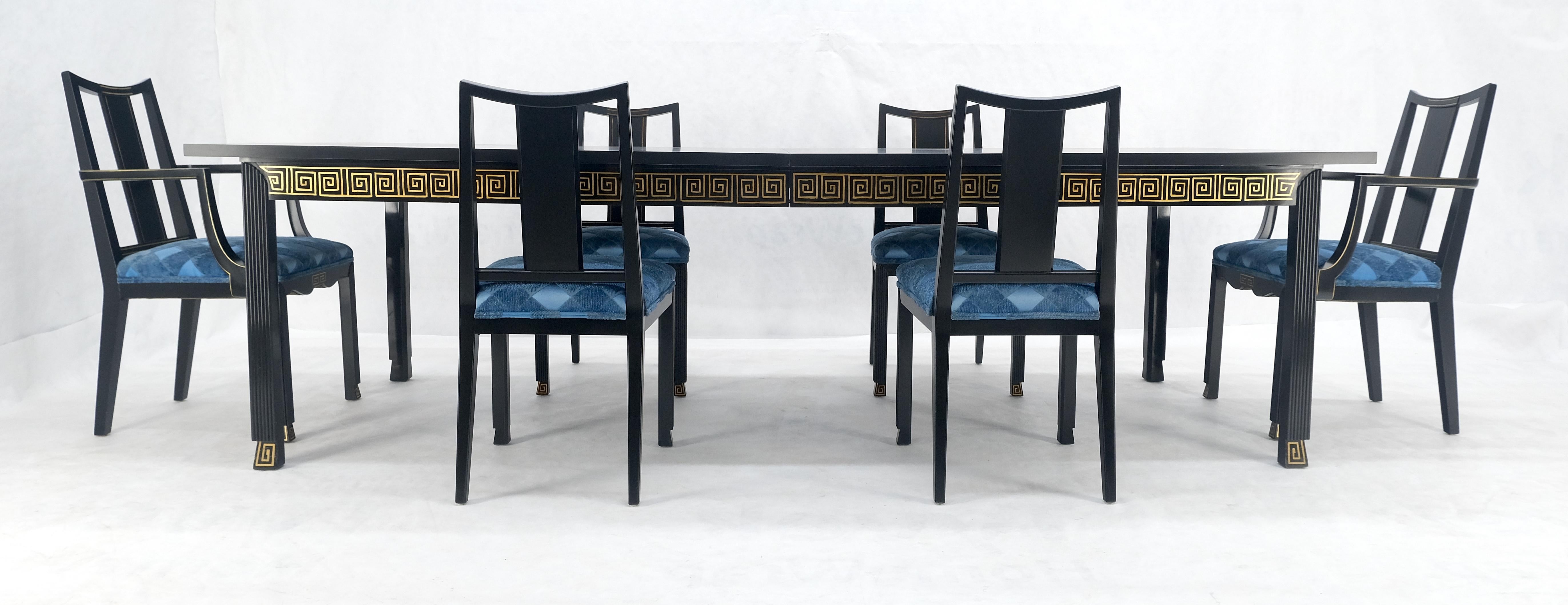 Black Lacquer Gold Ornament Decorated 6 Chairs 2 Leaves Dining Table Set MINT! For Sale 6