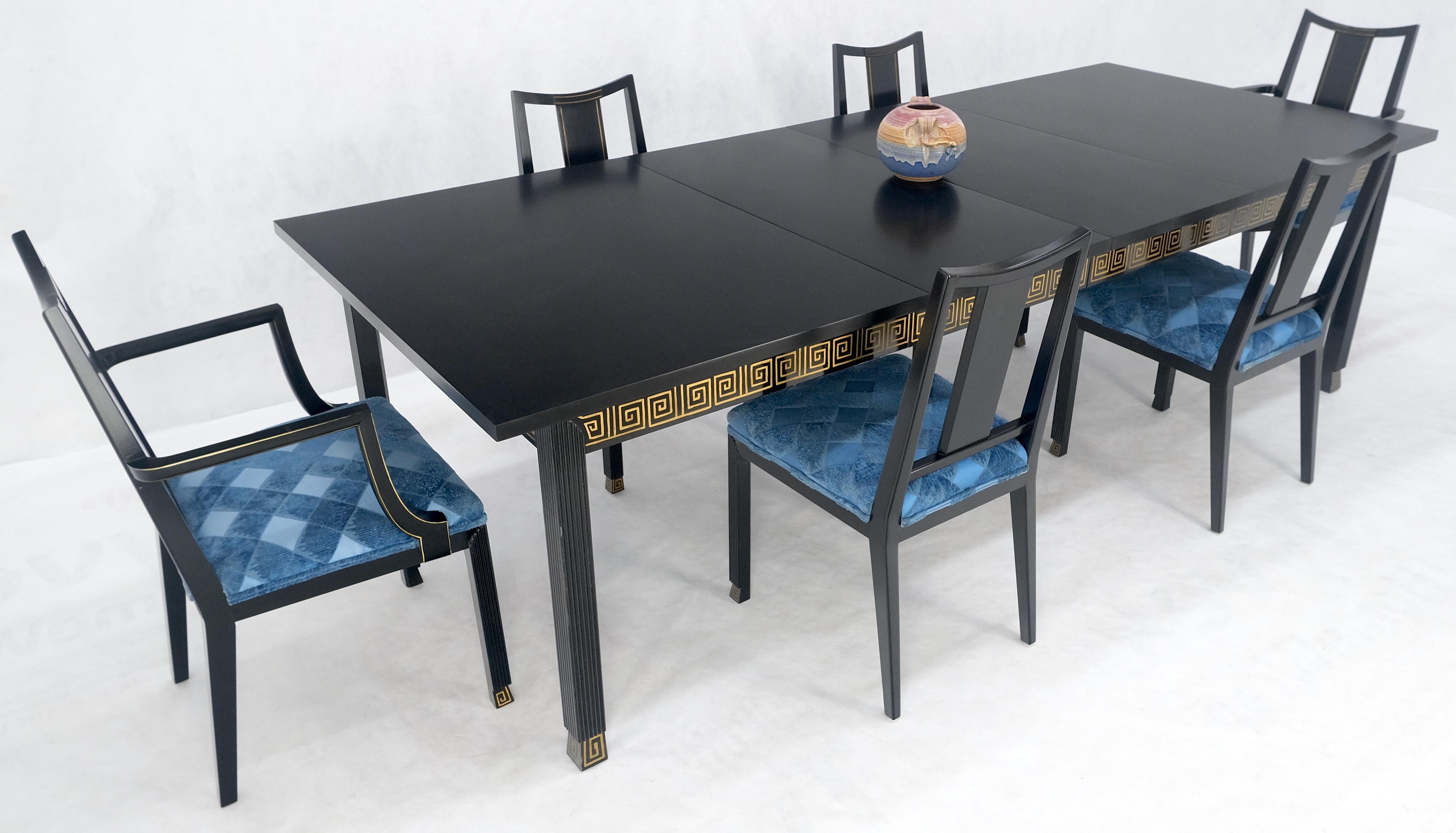 Mid-Century Modern Black Lacquer Gold Ornament Decorated 6 Chairs 2 Leaves Dining Table Set MINT! For Sale