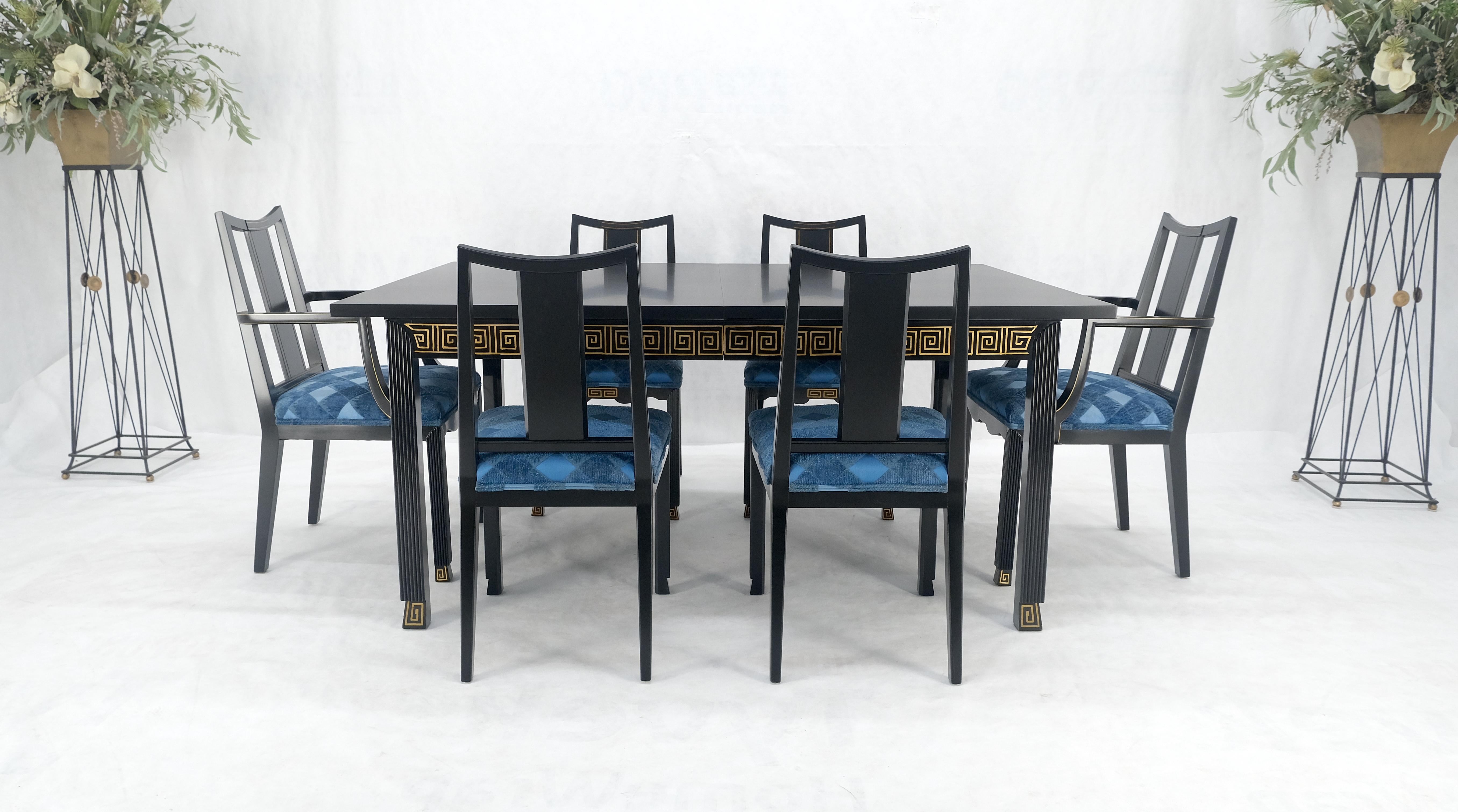 Upholstery Black Lacquer Gold Ornament Decorated 6 Chairs 2 Leaves Dining Table Set MINT! For Sale