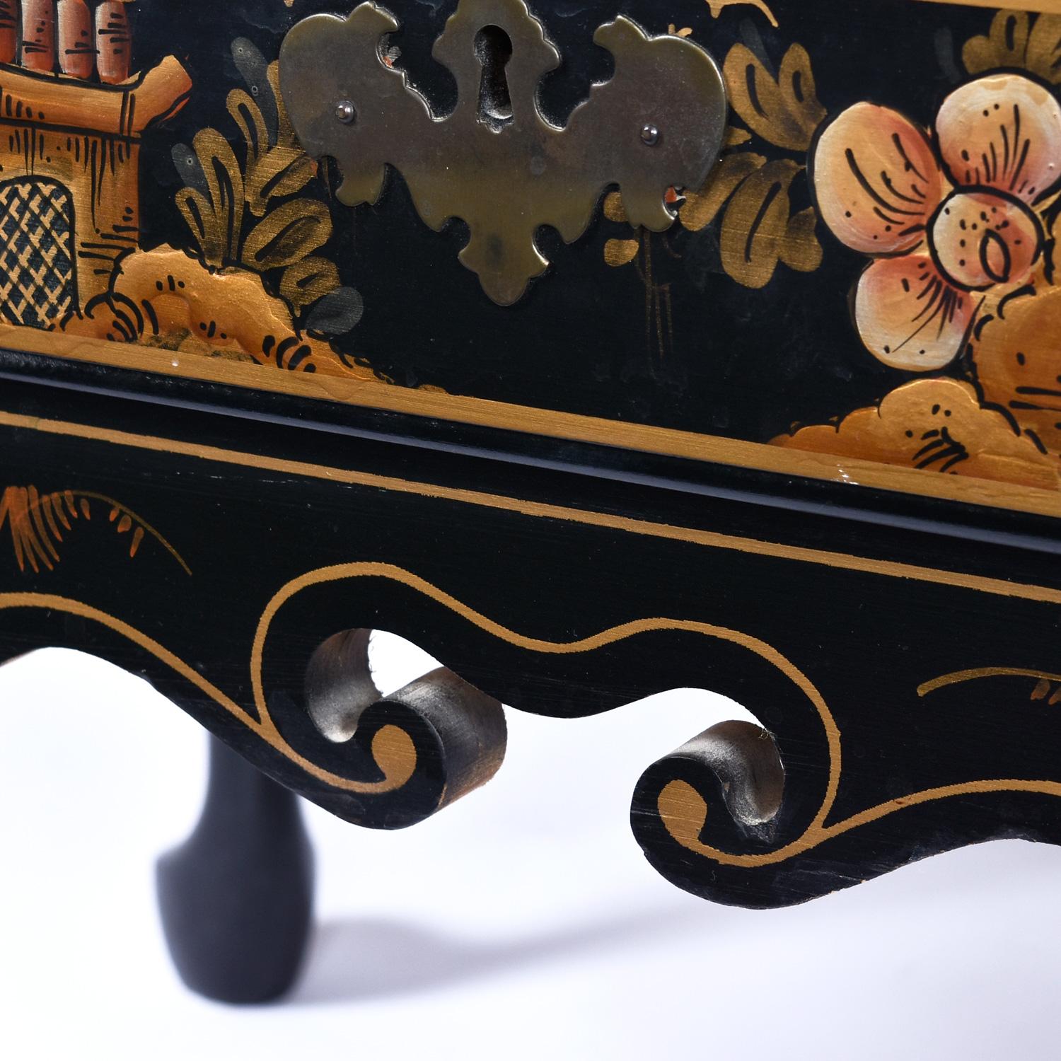 Black Lacquer Hand Painted Chinoiserie Black Lacquer Secretary Writing Desk For Sale 8