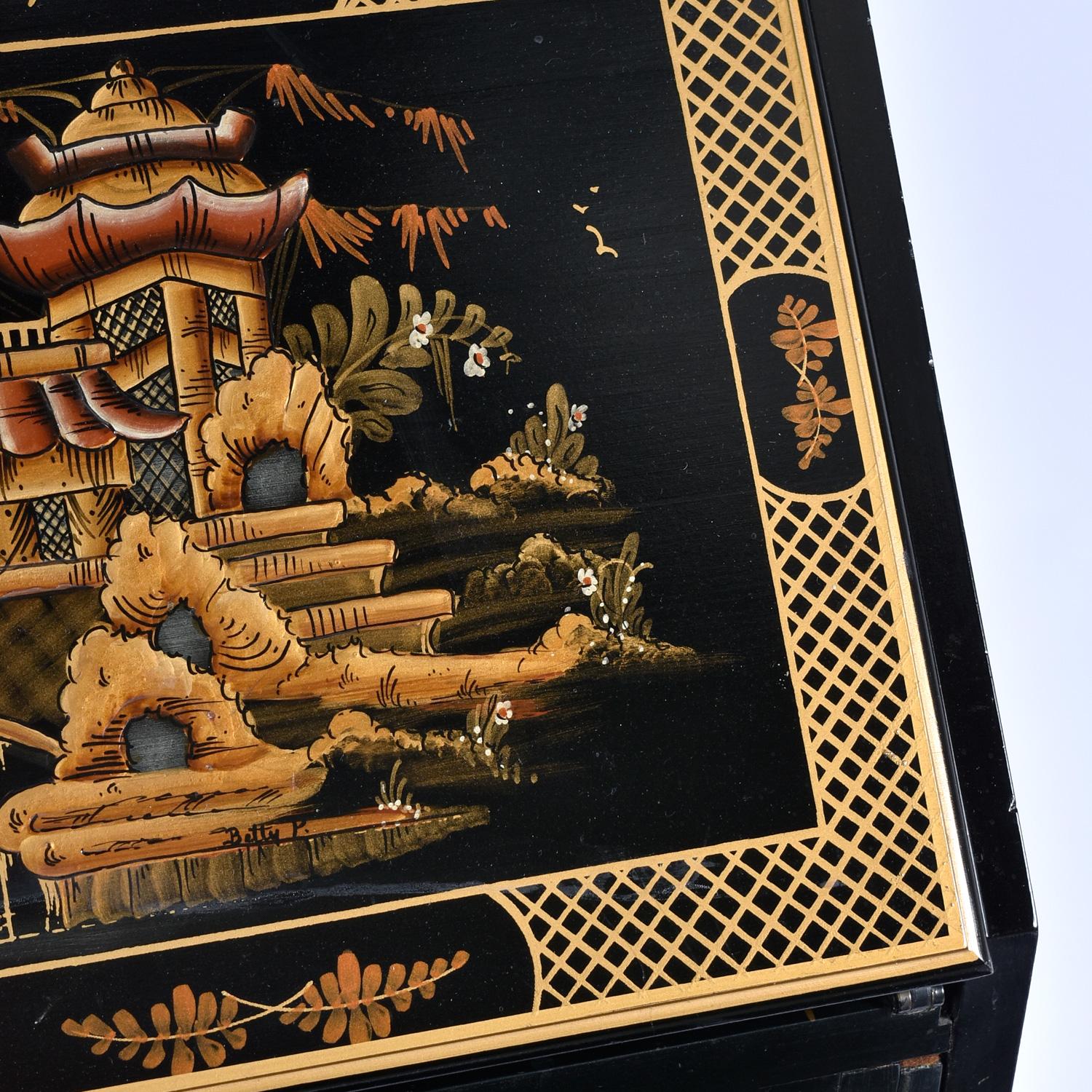 Black Lacquer Hand Painted Chinoiserie Black Lacquer Secretary Writing Desk For Sale 9
