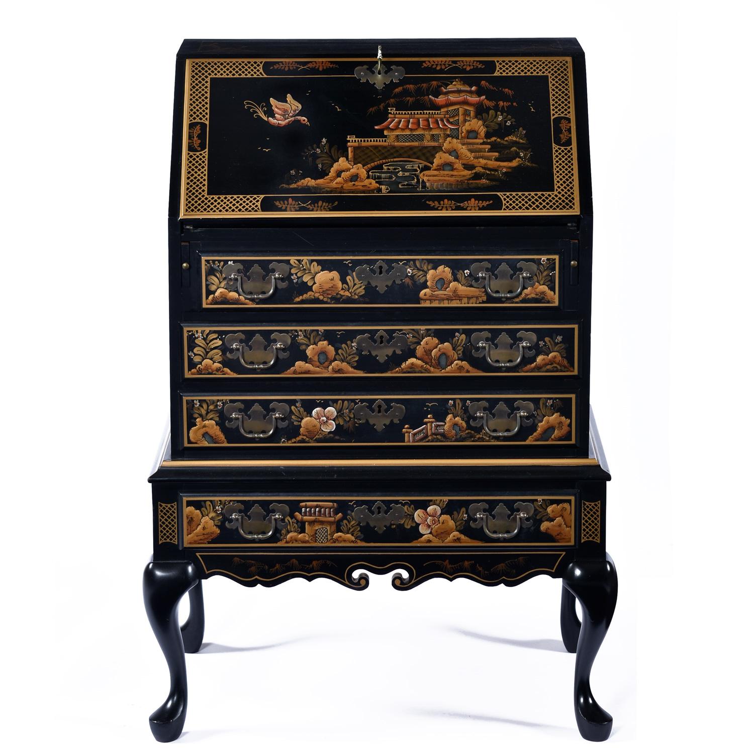 American Black Lacquer Hand Painted Chinoiserie Black Lacquer Secretary Writing Desk For Sale