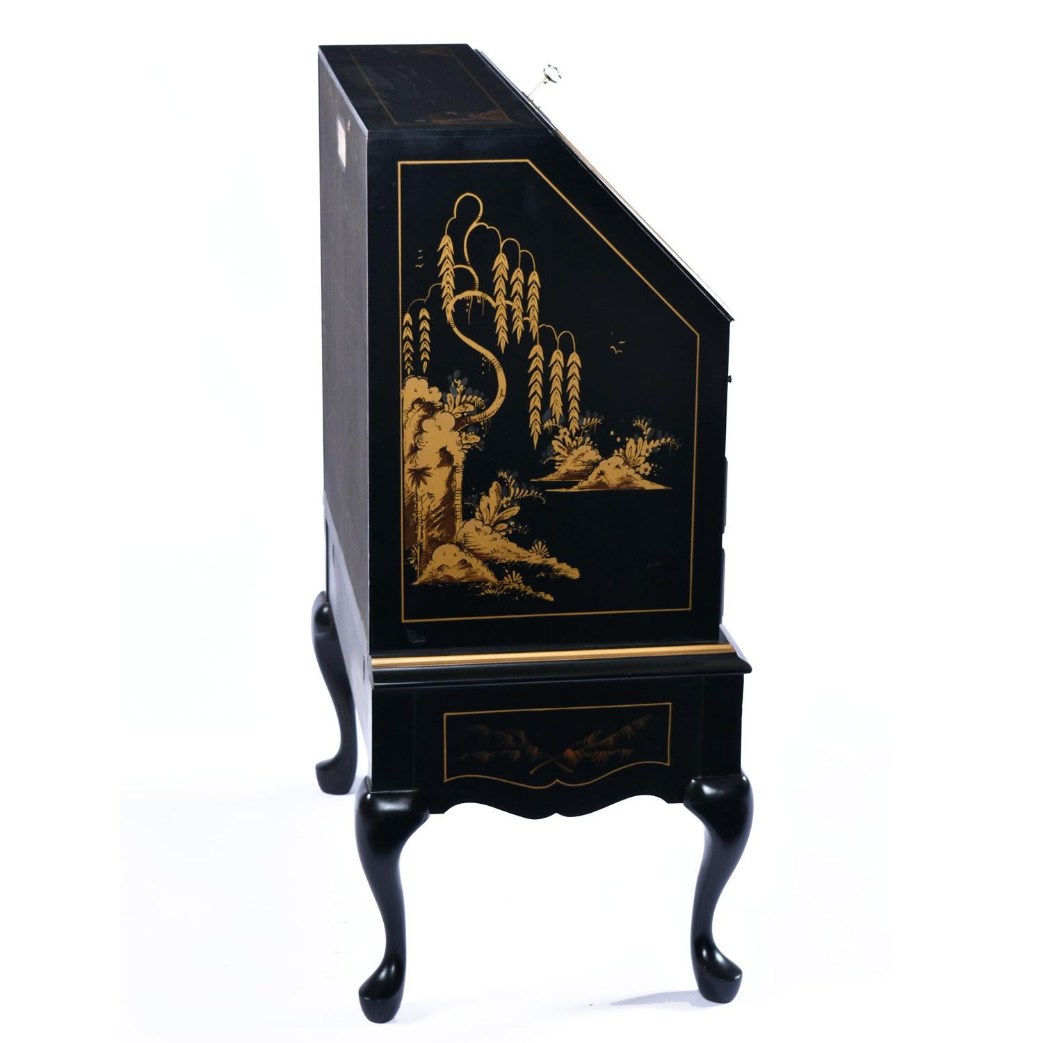 Black Lacquer Hand Painted Chinoiserie Black Lacquer Secretary Writing Desk In Good Condition For Sale In Chattanooga, TN