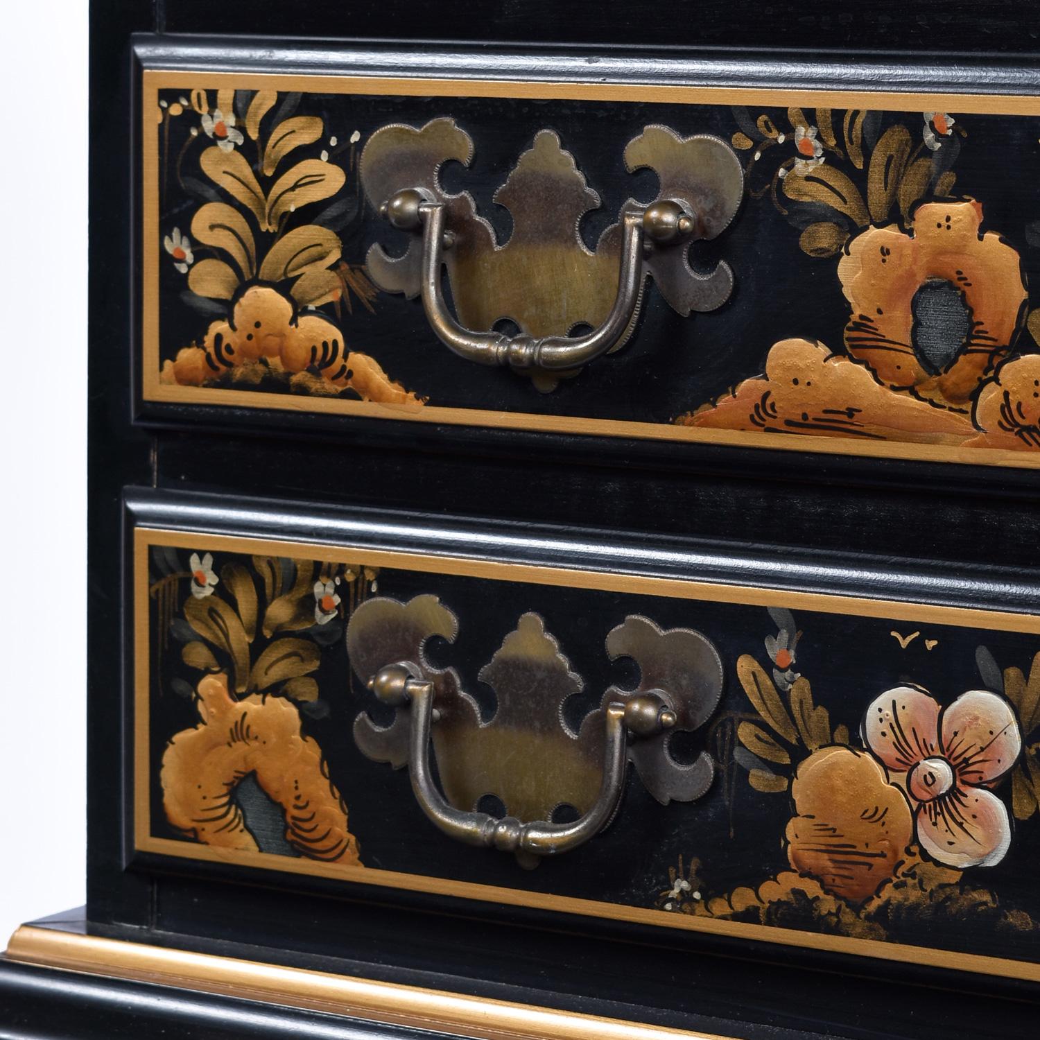 Brass Black Lacquer Hand Painted Chinoiserie Black Lacquer Secretary Writing Desk For Sale