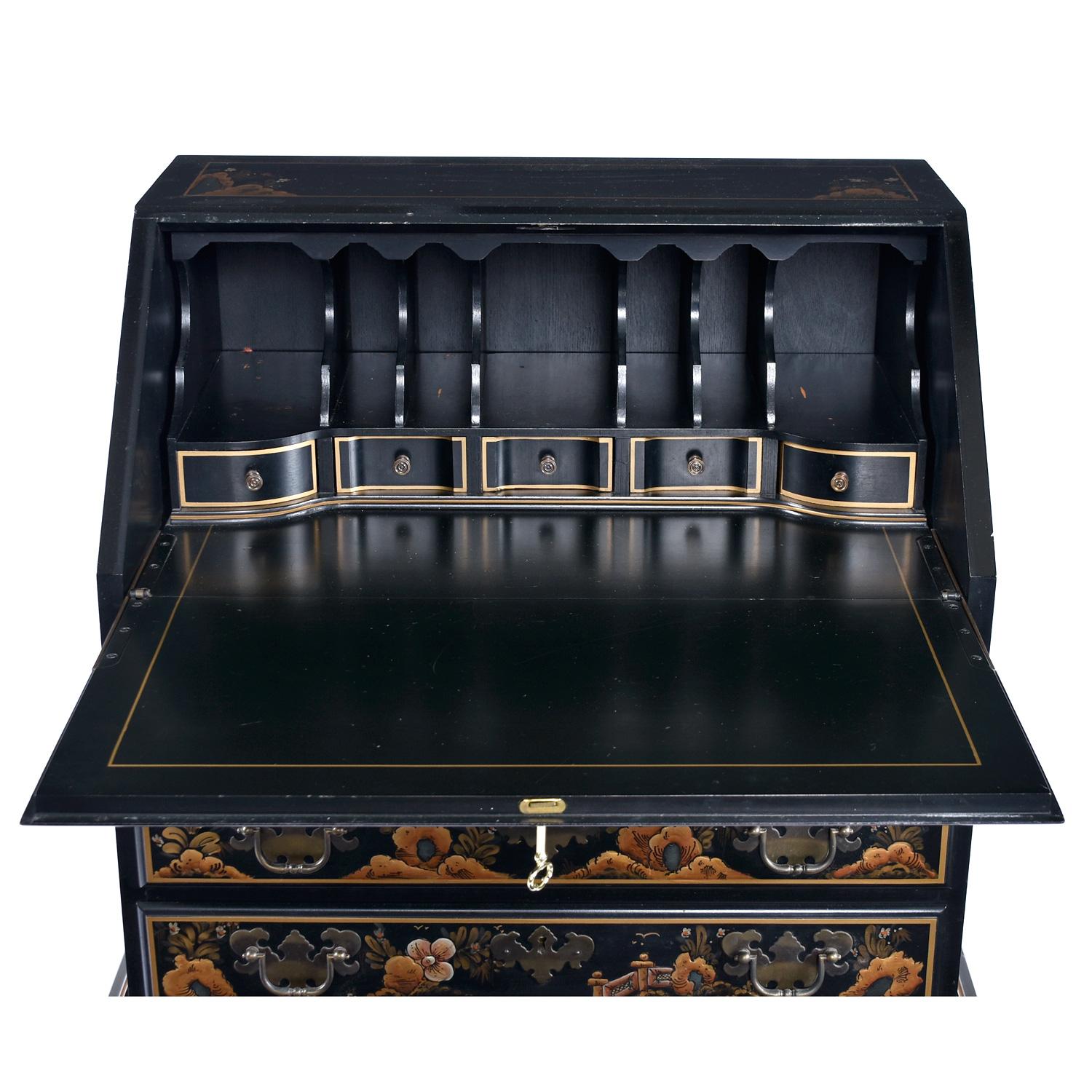 Black Lacquer Hand Painted Chinoiserie Black Lacquer Secretary Writing Desk For Sale 1