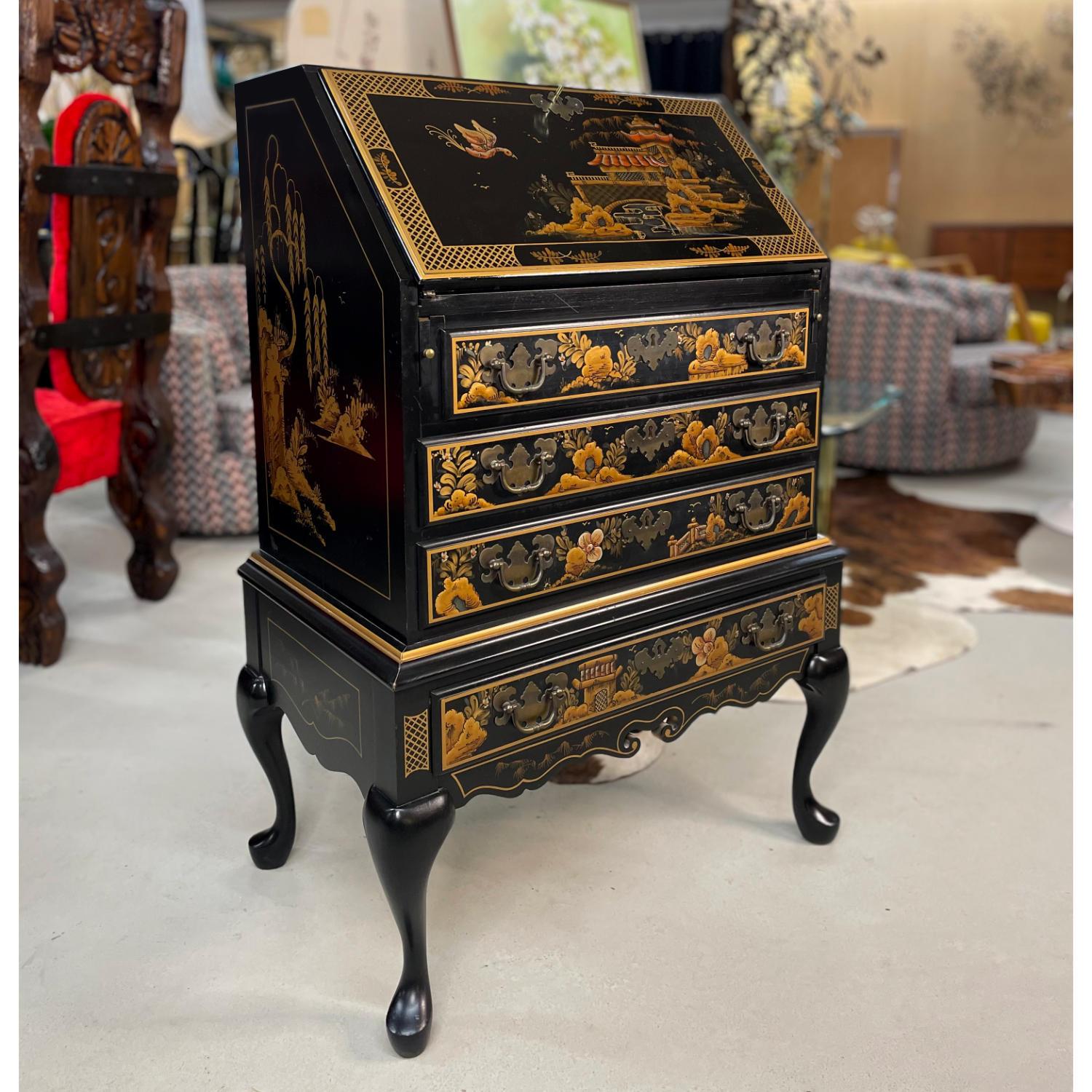 Brass Black Lacquer Hand Painted Chinoiserie Black Lacquer Secretary Writing Desk