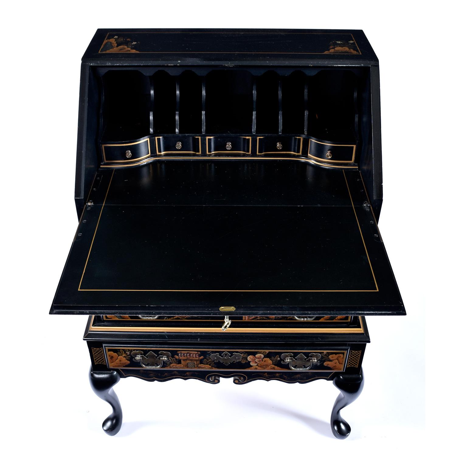 Black Lacquer Hand Painted Chinoiserie Black Lacquer Secretary Writing Desk For Sale 3