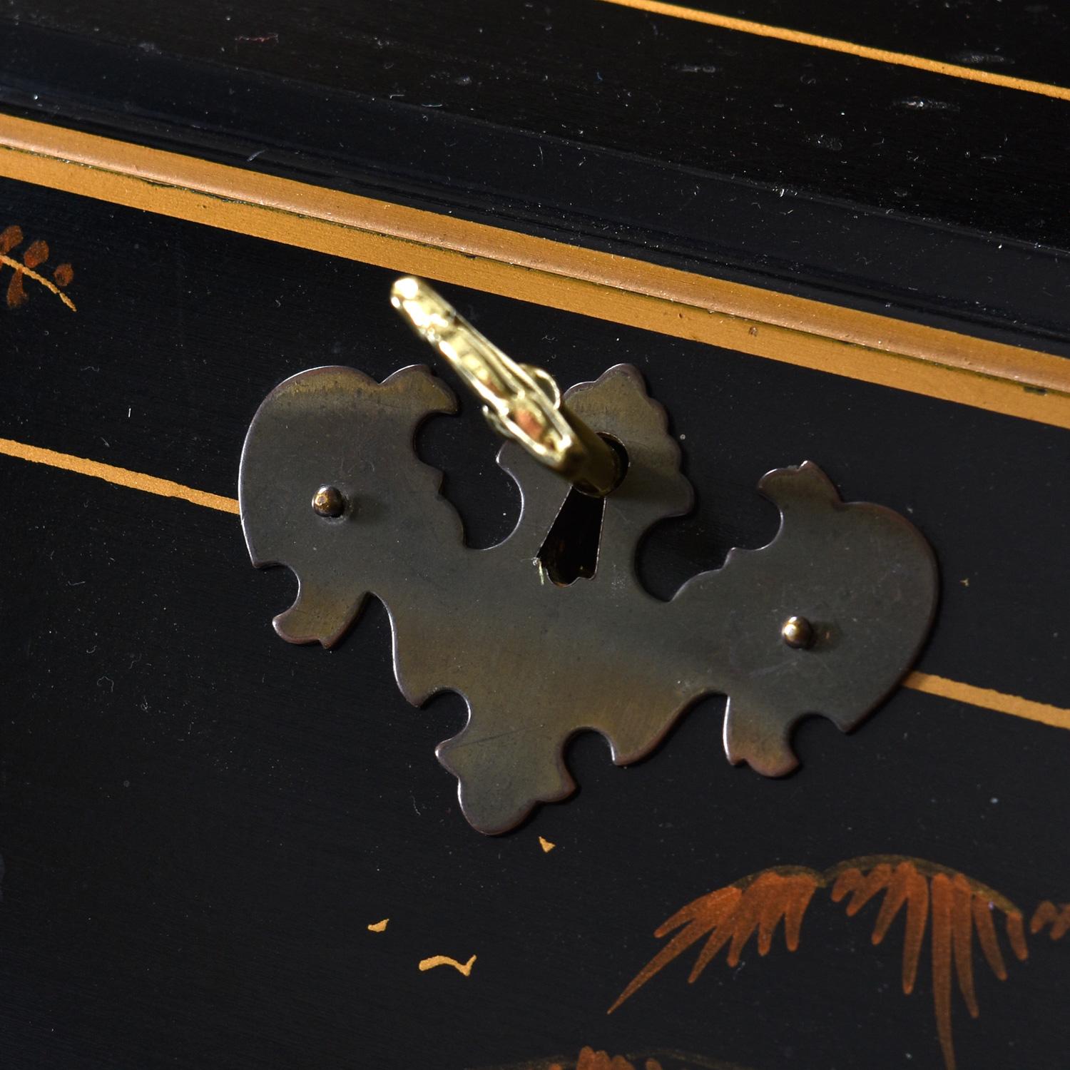 Black Lacquer Hand Painted Chinoiserie Black Lacquer Secretary Writing Desk For Sale 5