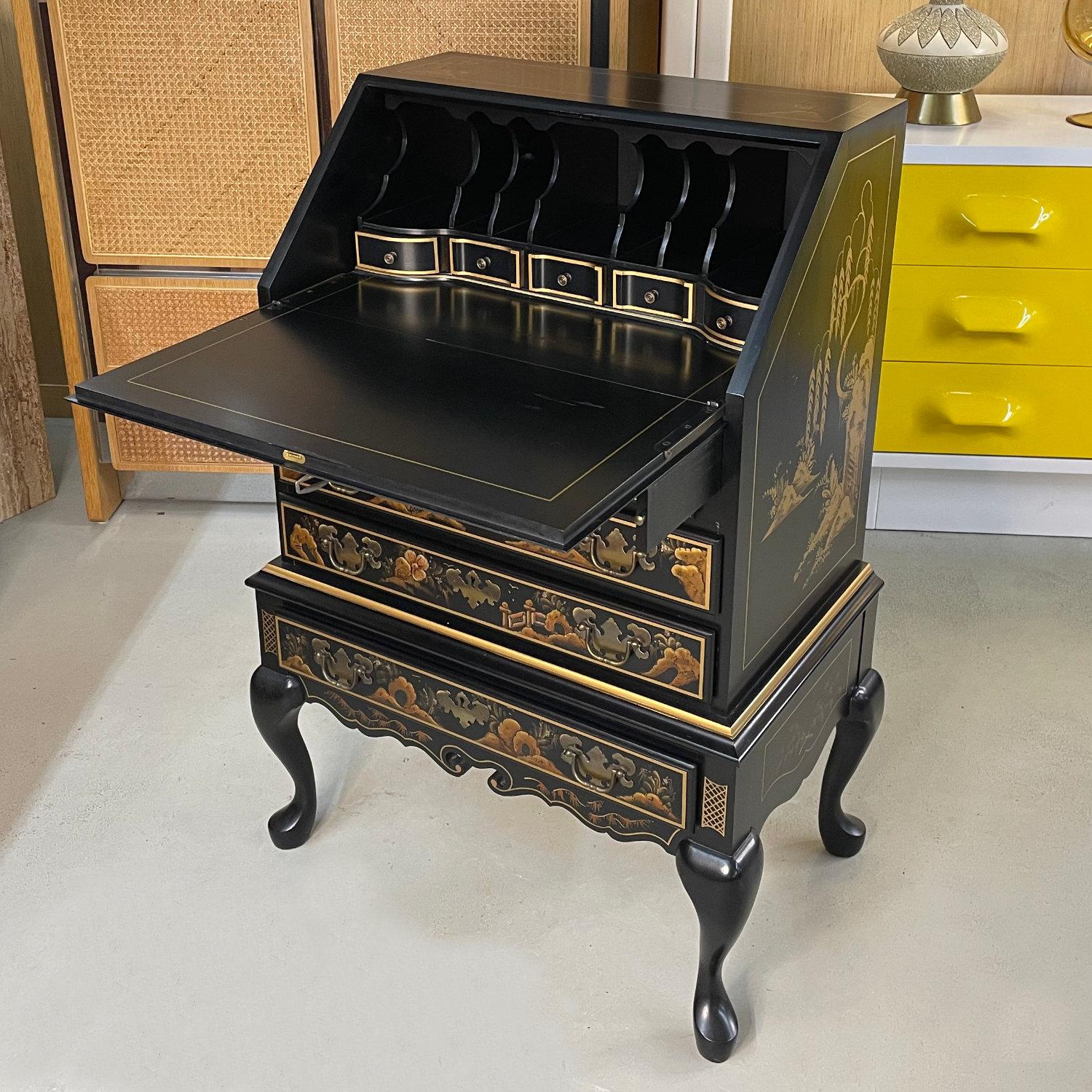 Black Lacquer Hand Painted Chinoiserie Black Lacquer Secretary Writing Desk For Sale 2