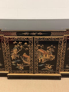 Black Lacquer Hand Painted Chinoiserie Credenza From Drexel Heritage