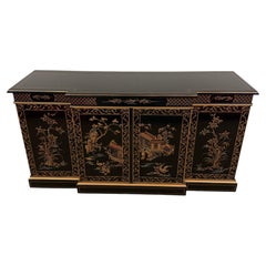 Black Lacquer Hand Painted Chinoiserie Credenza From Drexel Heritage