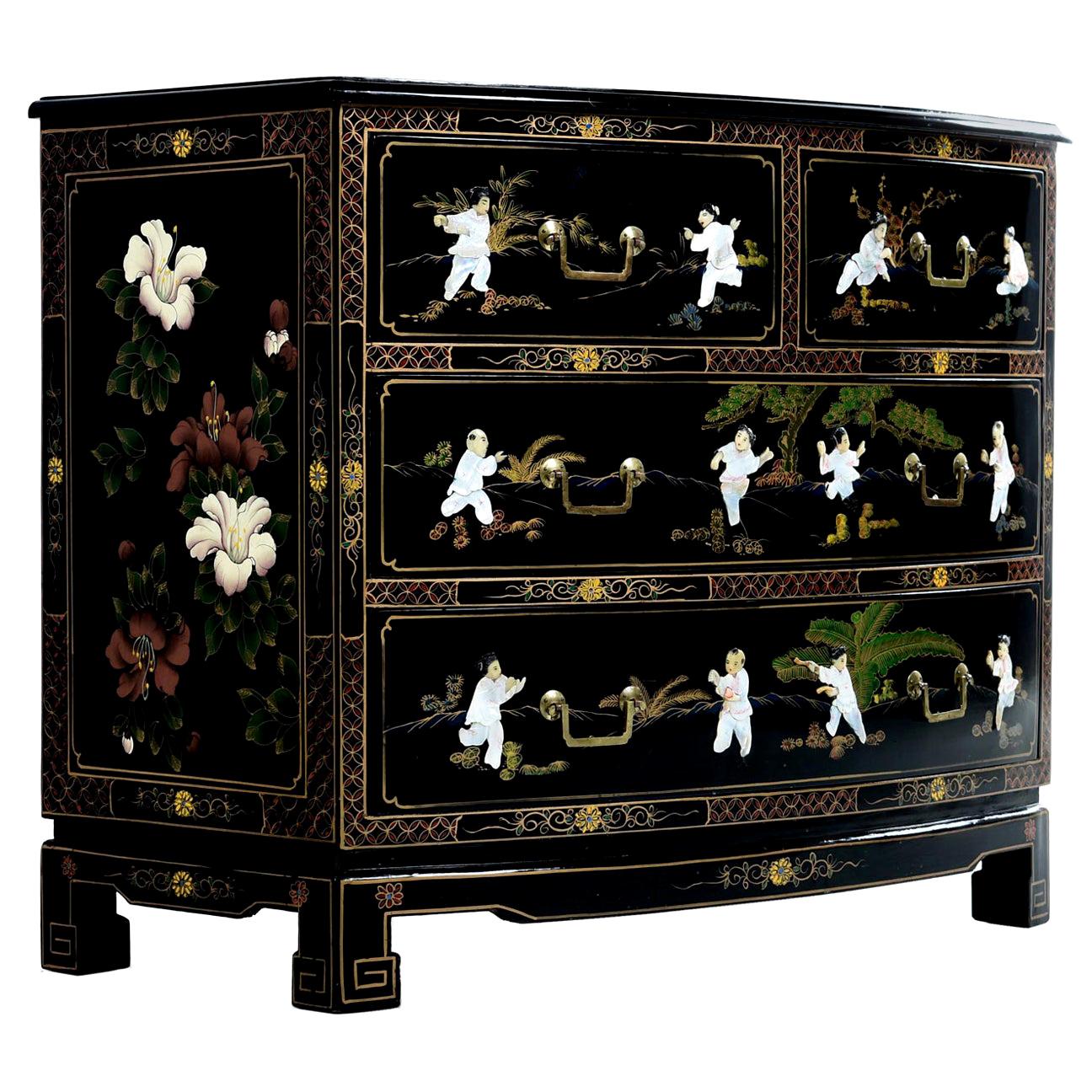 Black Lacquer Hand Painted Chinoiserie Dresser with Mother of Pearl Figures