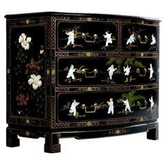Vintage Black Lacquer Hand Painted Chinoiserie Dresser with Mother of Pearl Figures