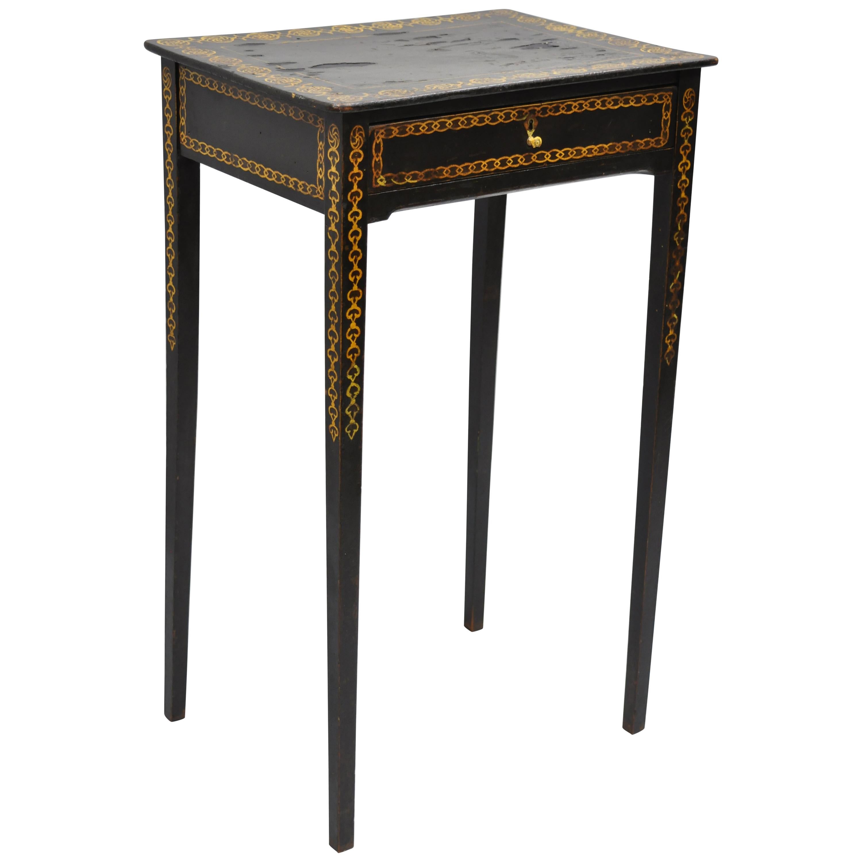 Black Lacquer Hand Painted English Victorian Side End Table Nightstand
