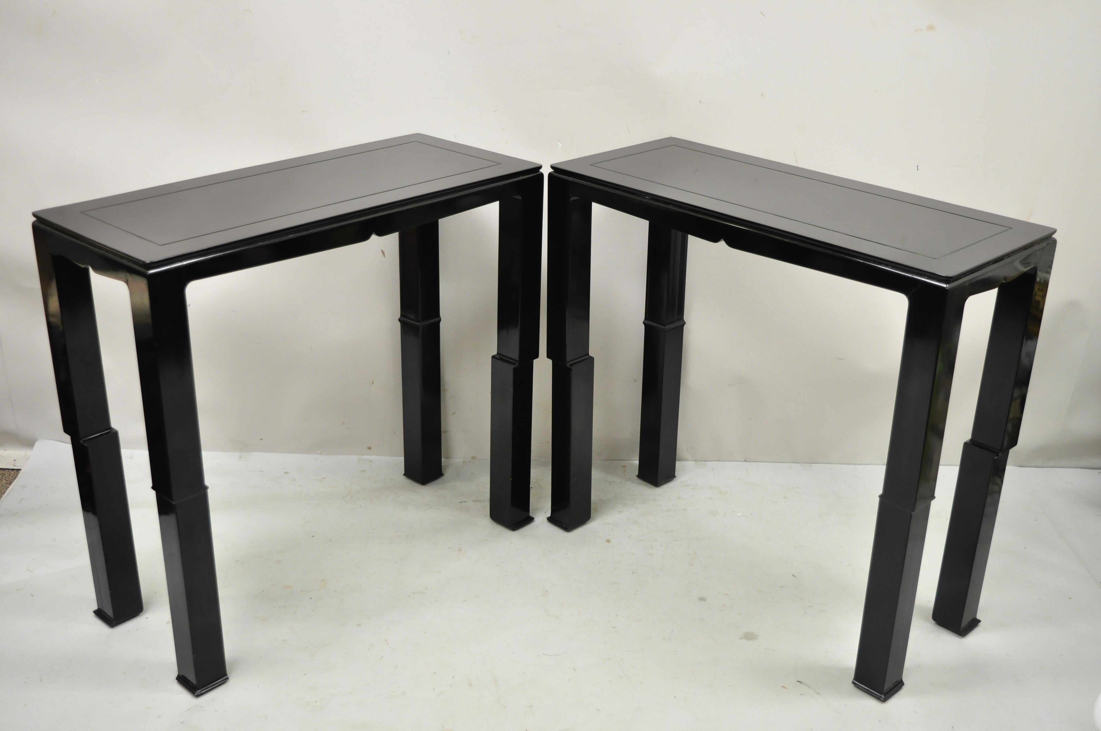 Black Lacquer James Mont Style Oriental Modern Sofa Hall Console Tables, Pair For Sale 3