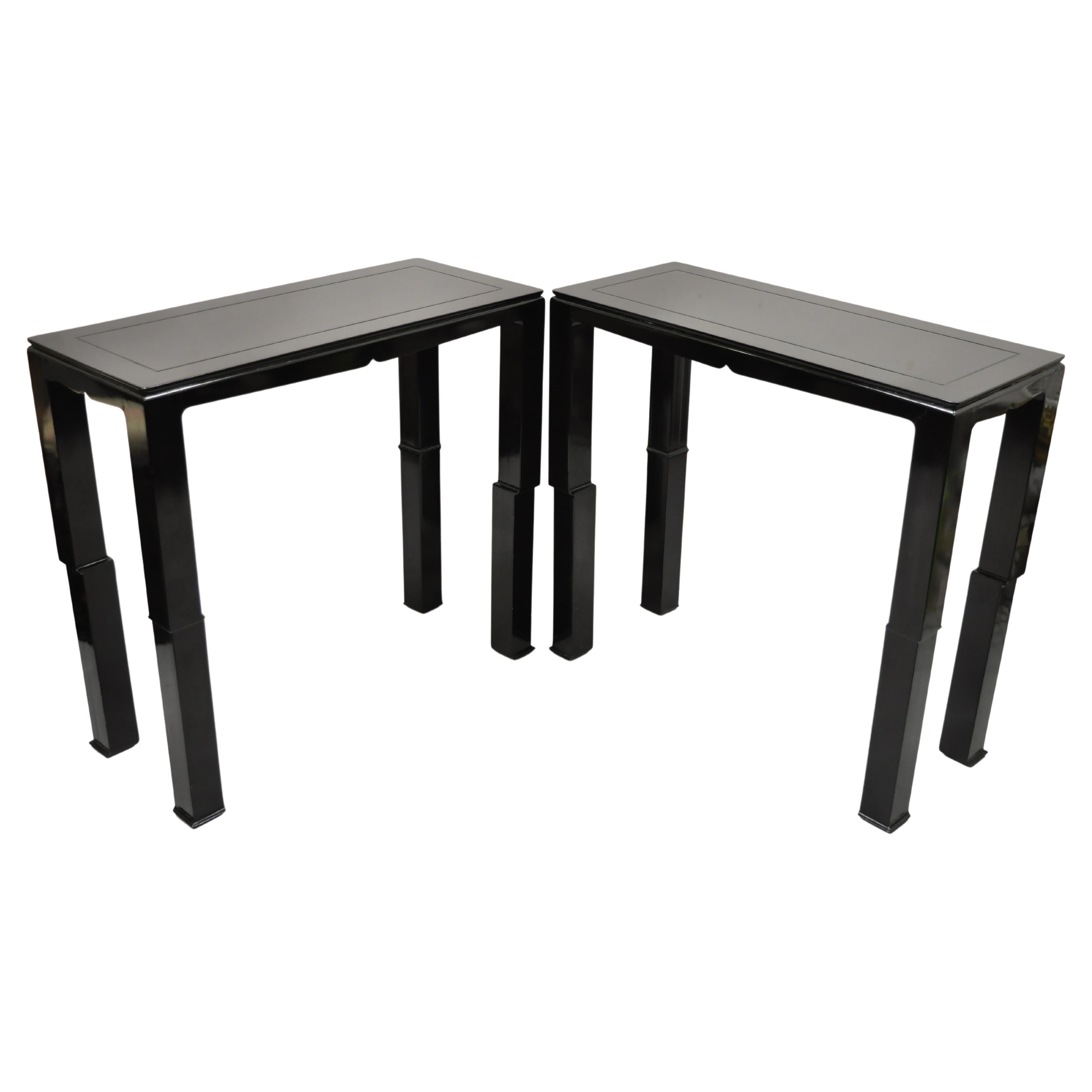 Black Lacquer James Mont Style Oriental Modern Sofa Hall Console Tables, Pair For Sale