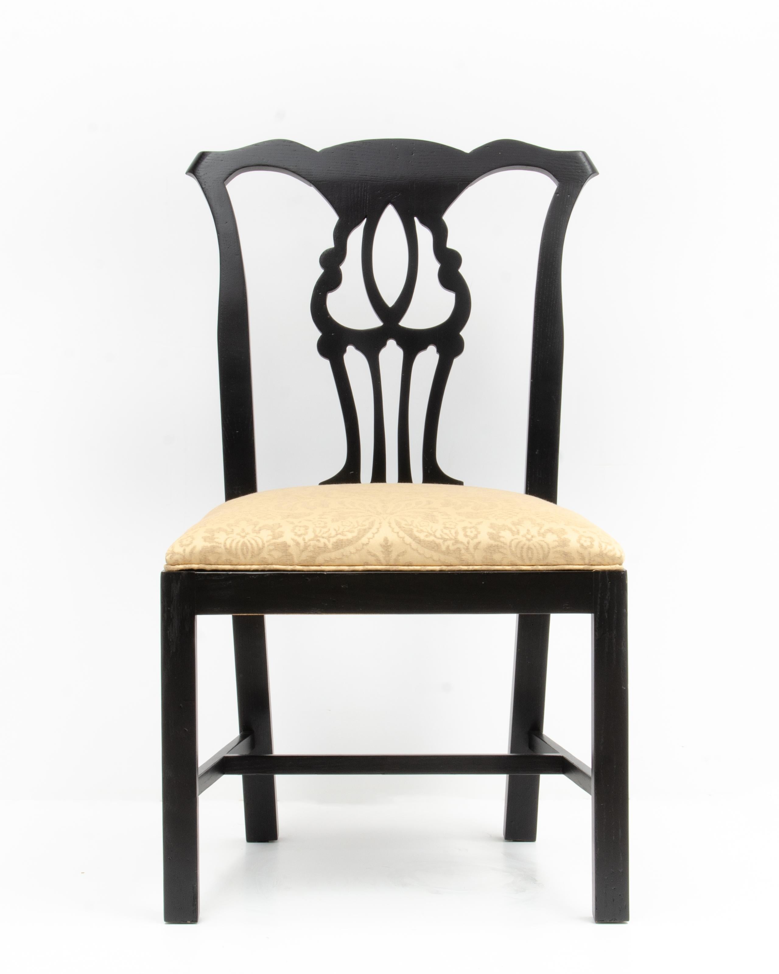 Textile Black Lacquer John Stuart Chippendale Dining Chairs Mid Century - a Set of 6 For Sale