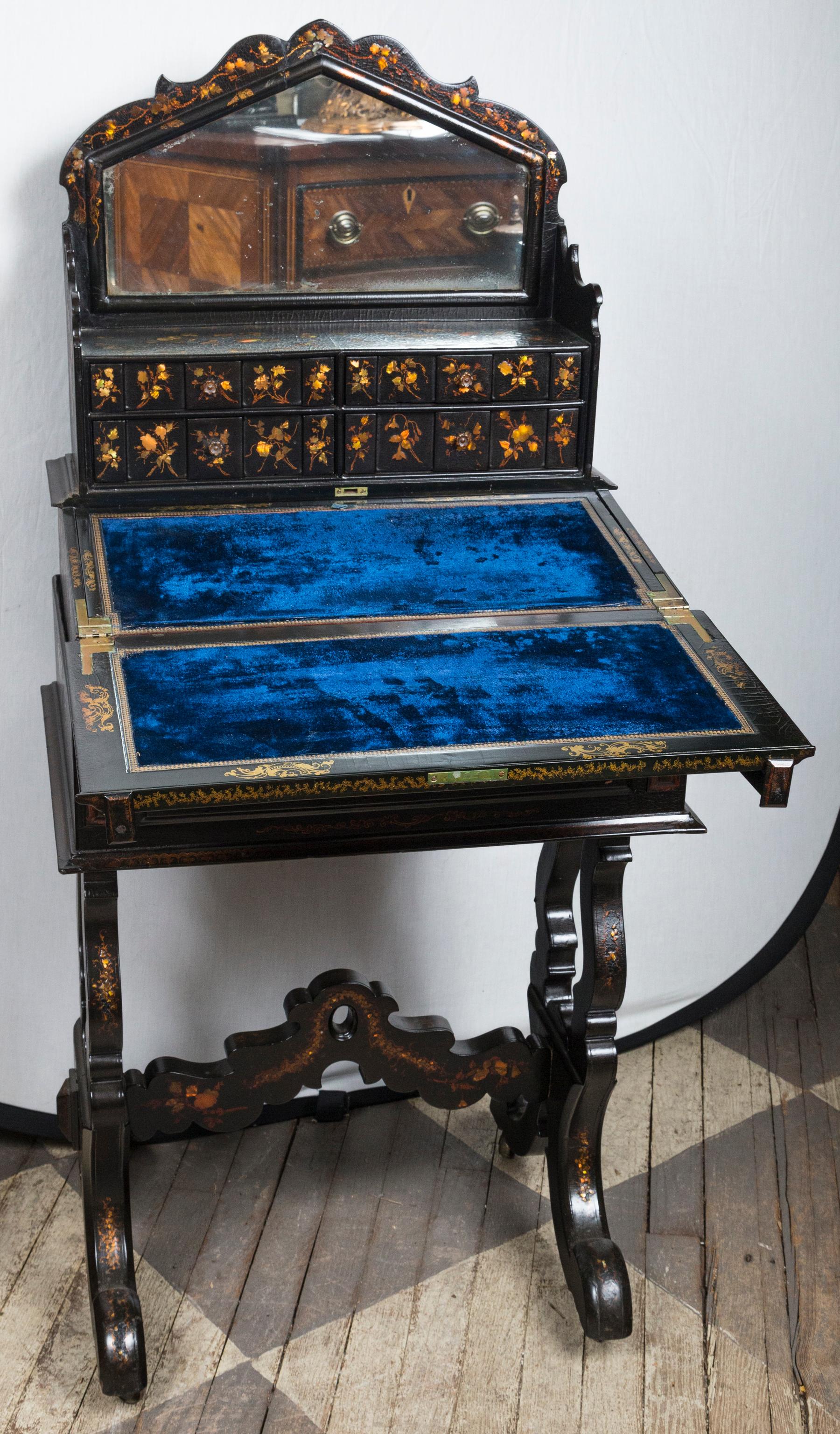 British Black Lacquer Lady's Desk in Two Parts For Sale