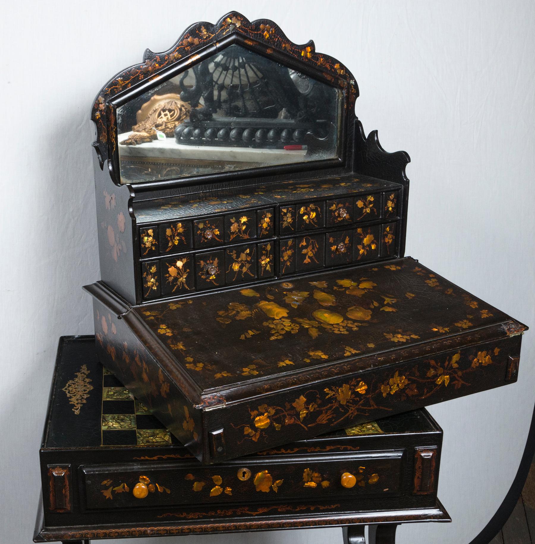 Inlay Black Lacquer Lady's Desk in Two Parts For Sale