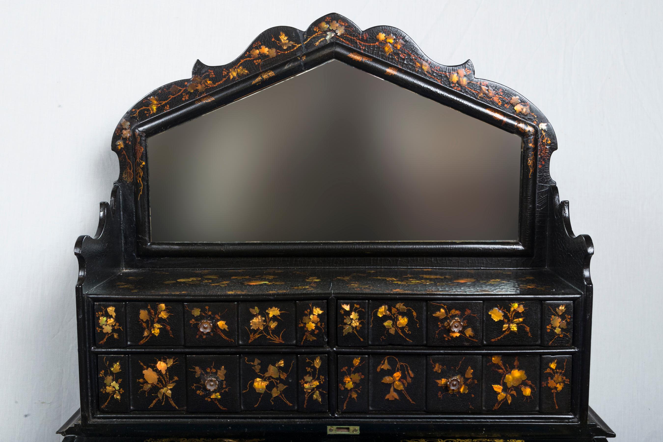 19th Century Black Lacquer Lady's Desk in Two Parts For Sale