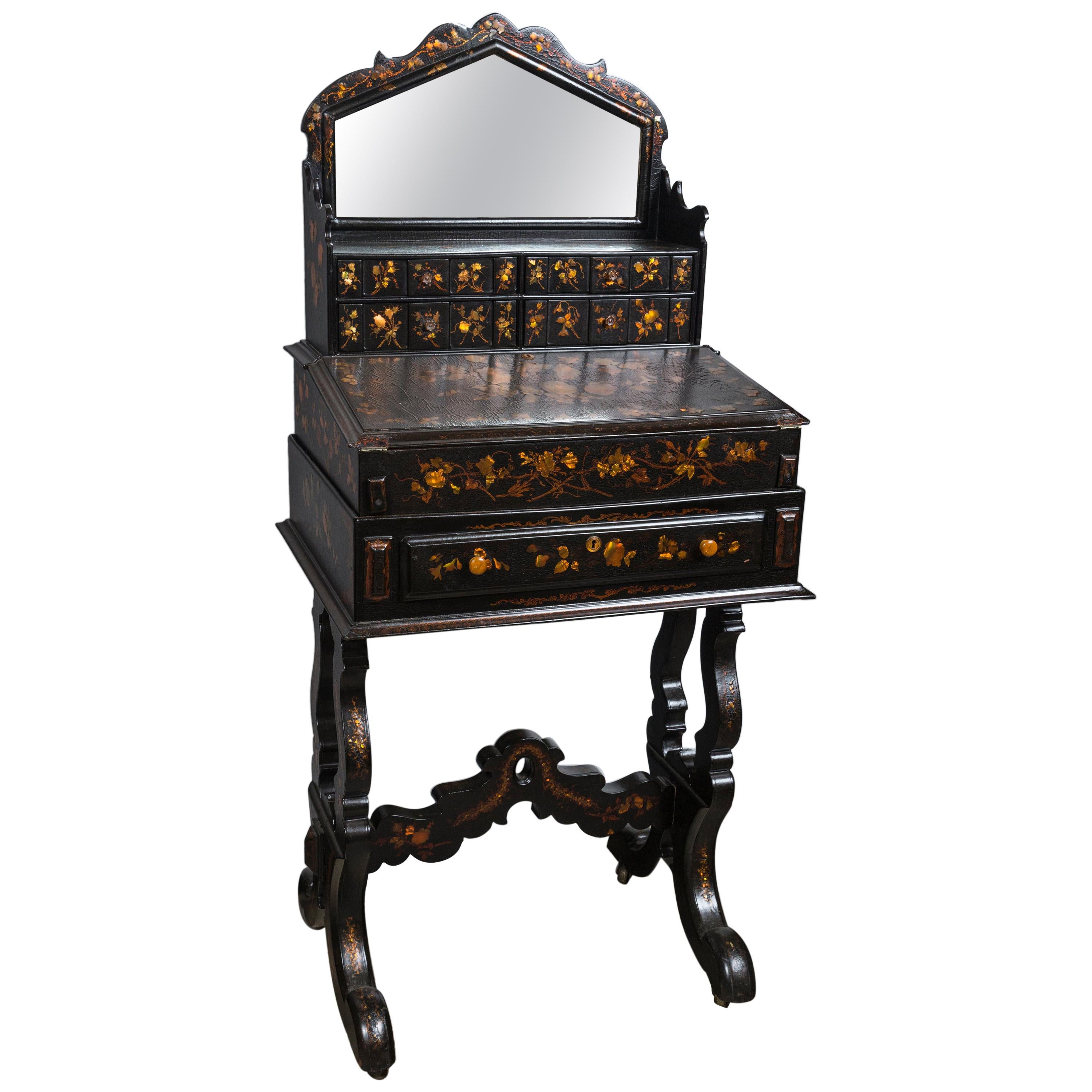 Black Lacquer Lady's Desk in Two Parts For Sale