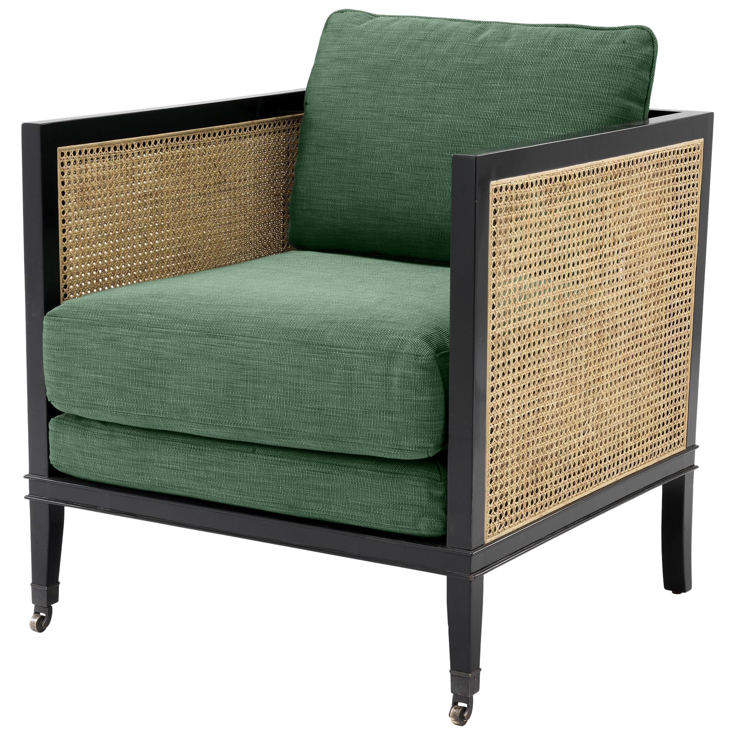 Black Lacquer Mahogany Wooden and Woven Cane Lounge Armchair