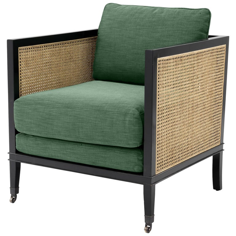 Black Lacquer Mahogany Wooden and Woven Cane Lounge Armchair For Sale