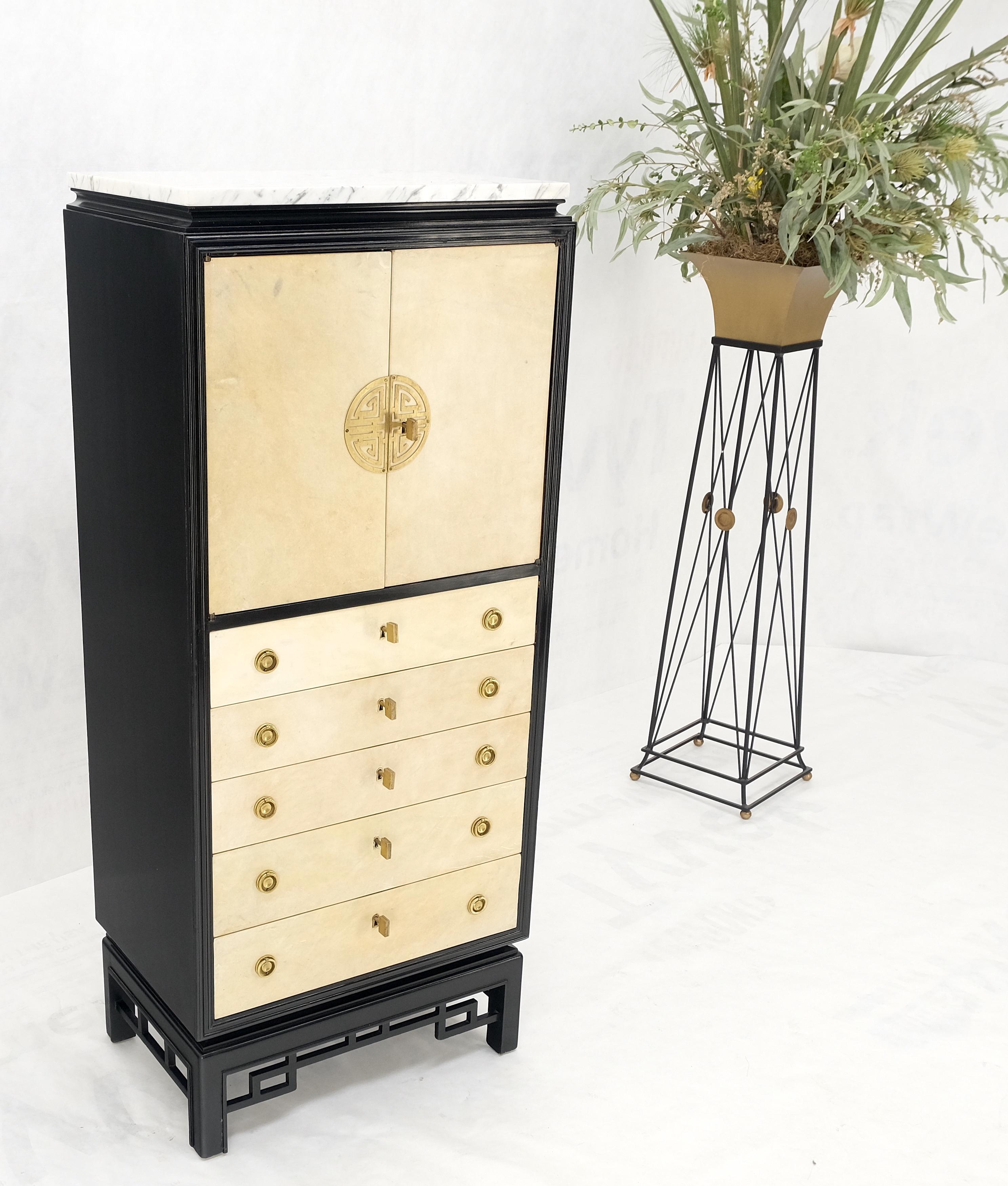 Black Lacquer Marble Top Goatskin Drawers & Double Doors Liquor Silver Cabinet For Sale 8