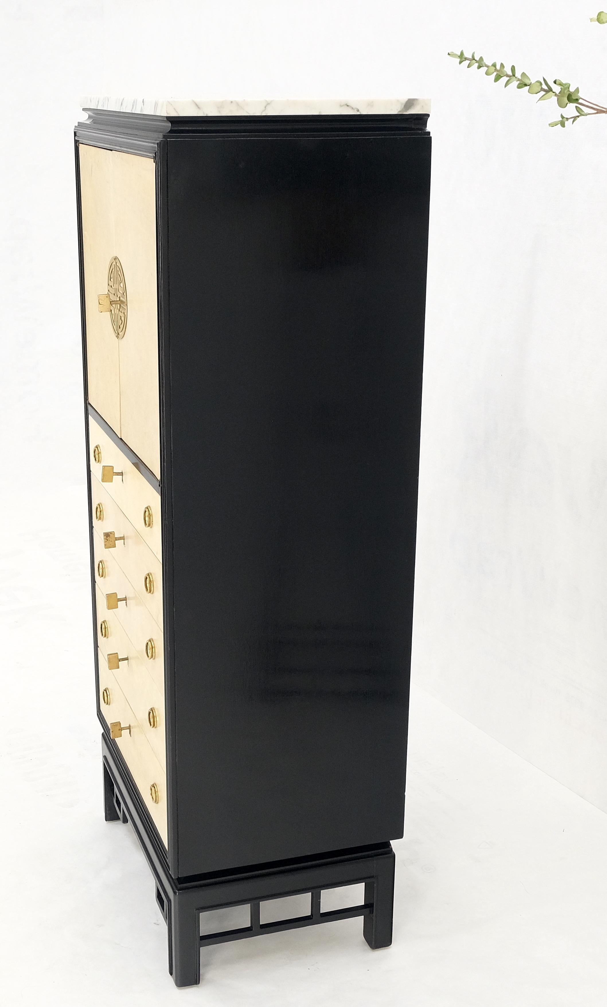 Black Lacquer Marble Top Goatskin Drawers & Double Doors Liquor Silver Cabinet For Sale 9