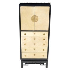 Black Lacquer Marble Top Goatskin Drawers & Double Doors Liquor Silver Cabinet