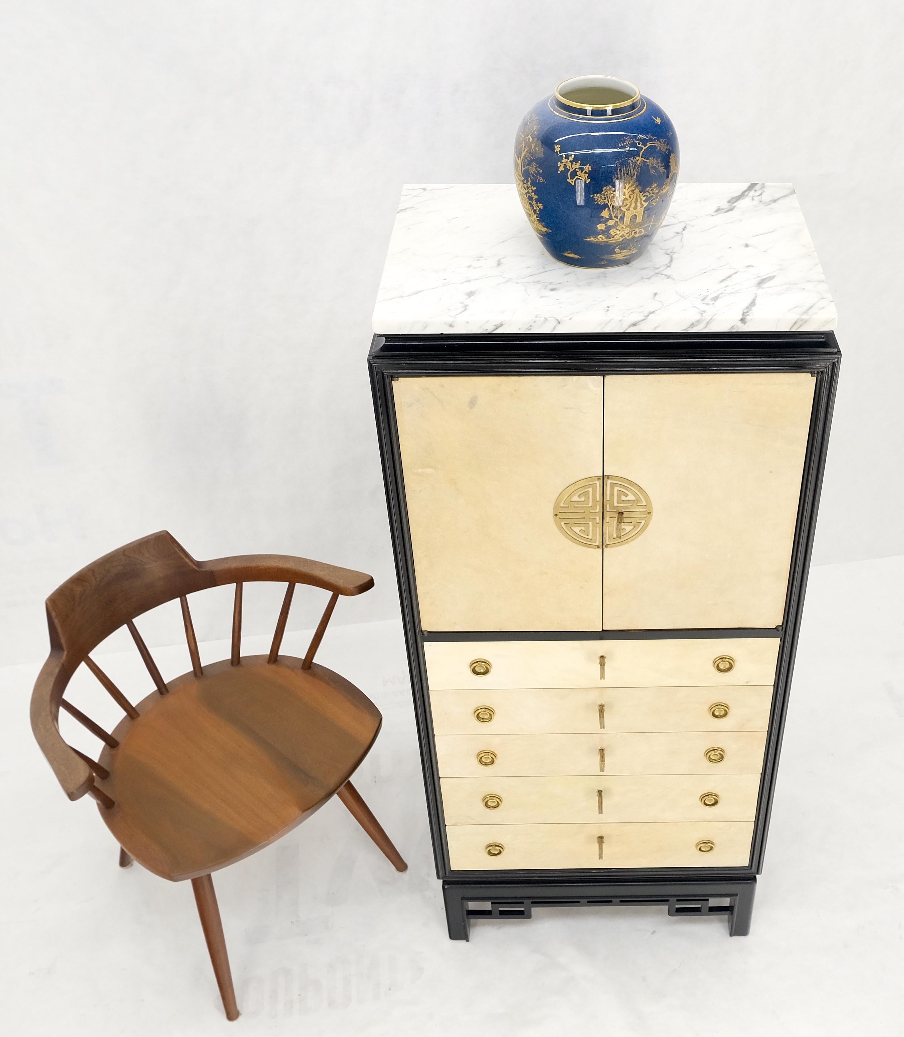 Black Lacquer Marble Top Goatskin Drawers & Double Doors Liquor Silver Cabinet For Sale 1