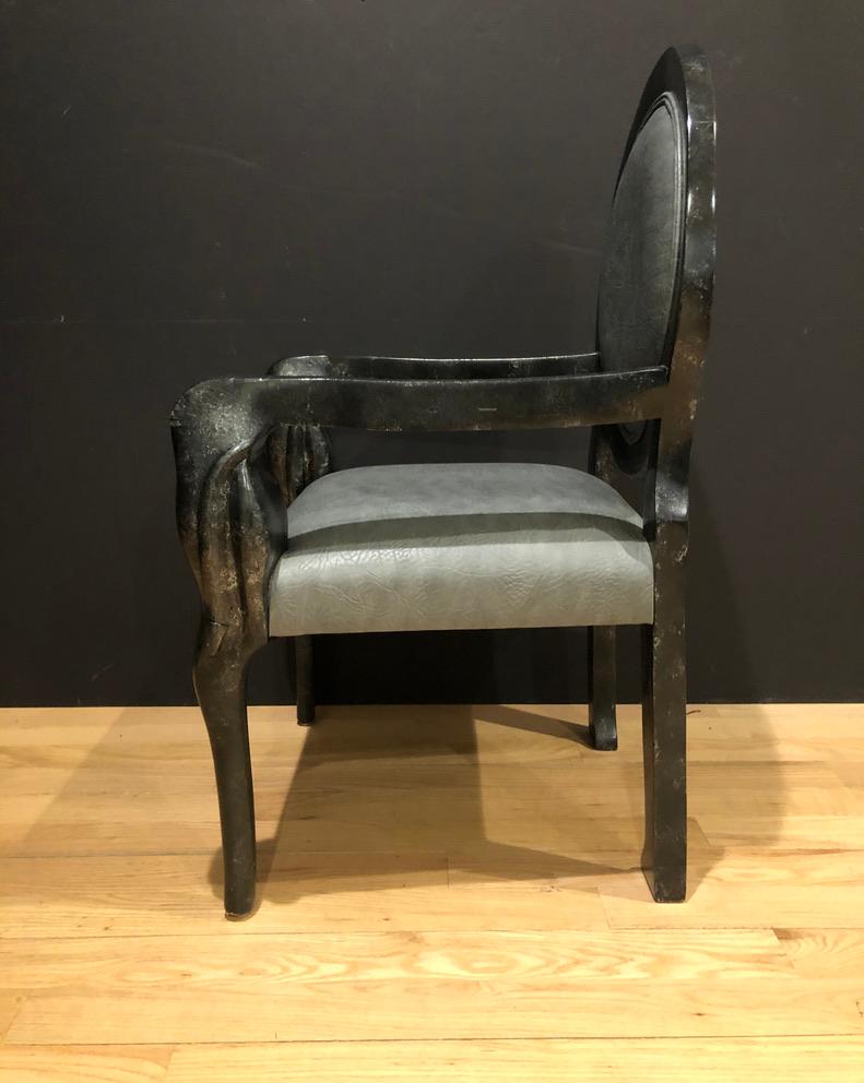 Mid-Century Modern Black Lacquer Medallion Back Carved Armchair