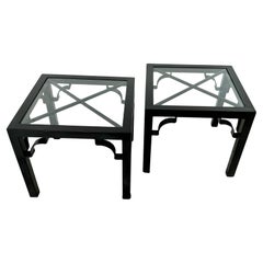 Black Lacquer Metal and Glass Side Tables, A Pair