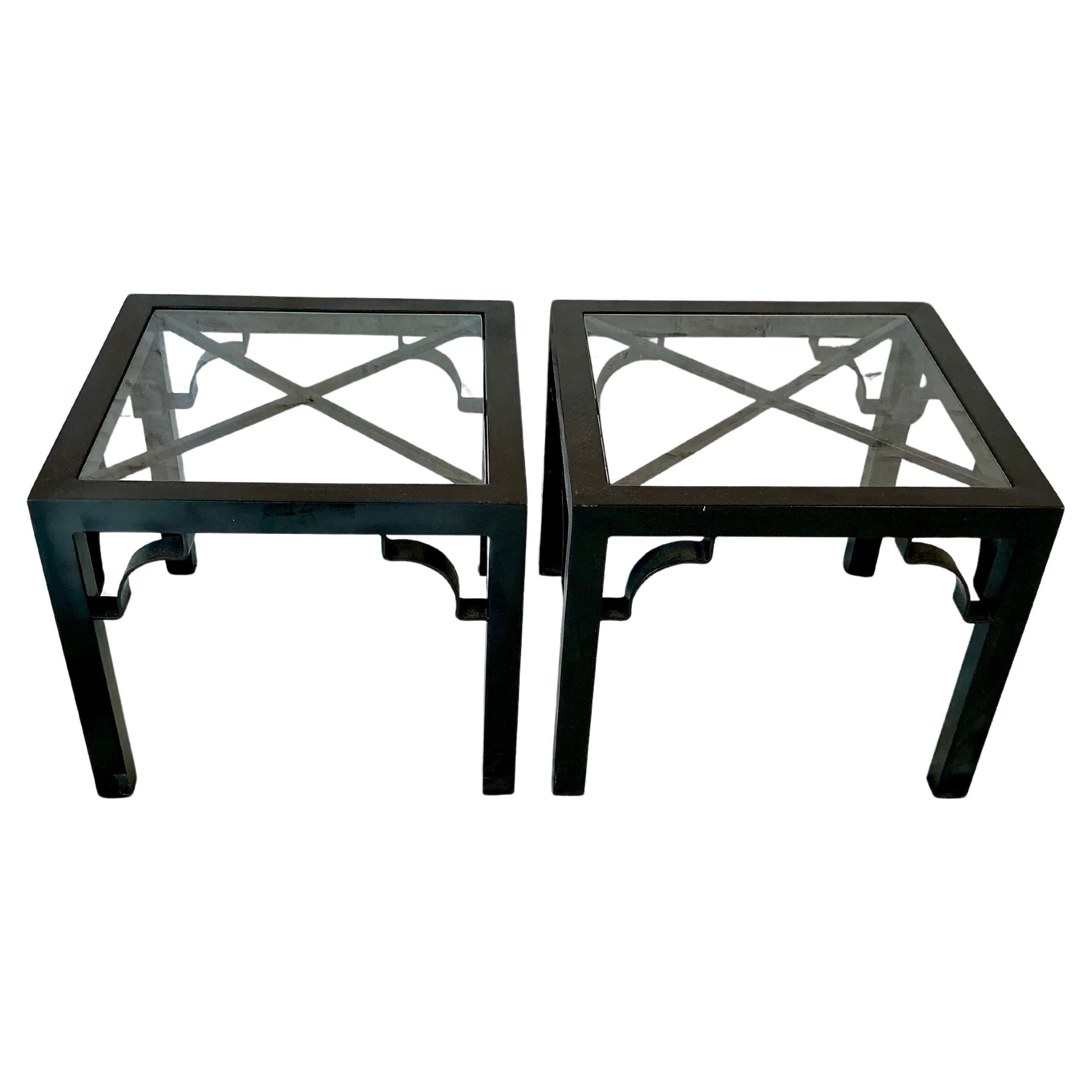 Black Lacquer Metal and Glass Side Tables, A Pair