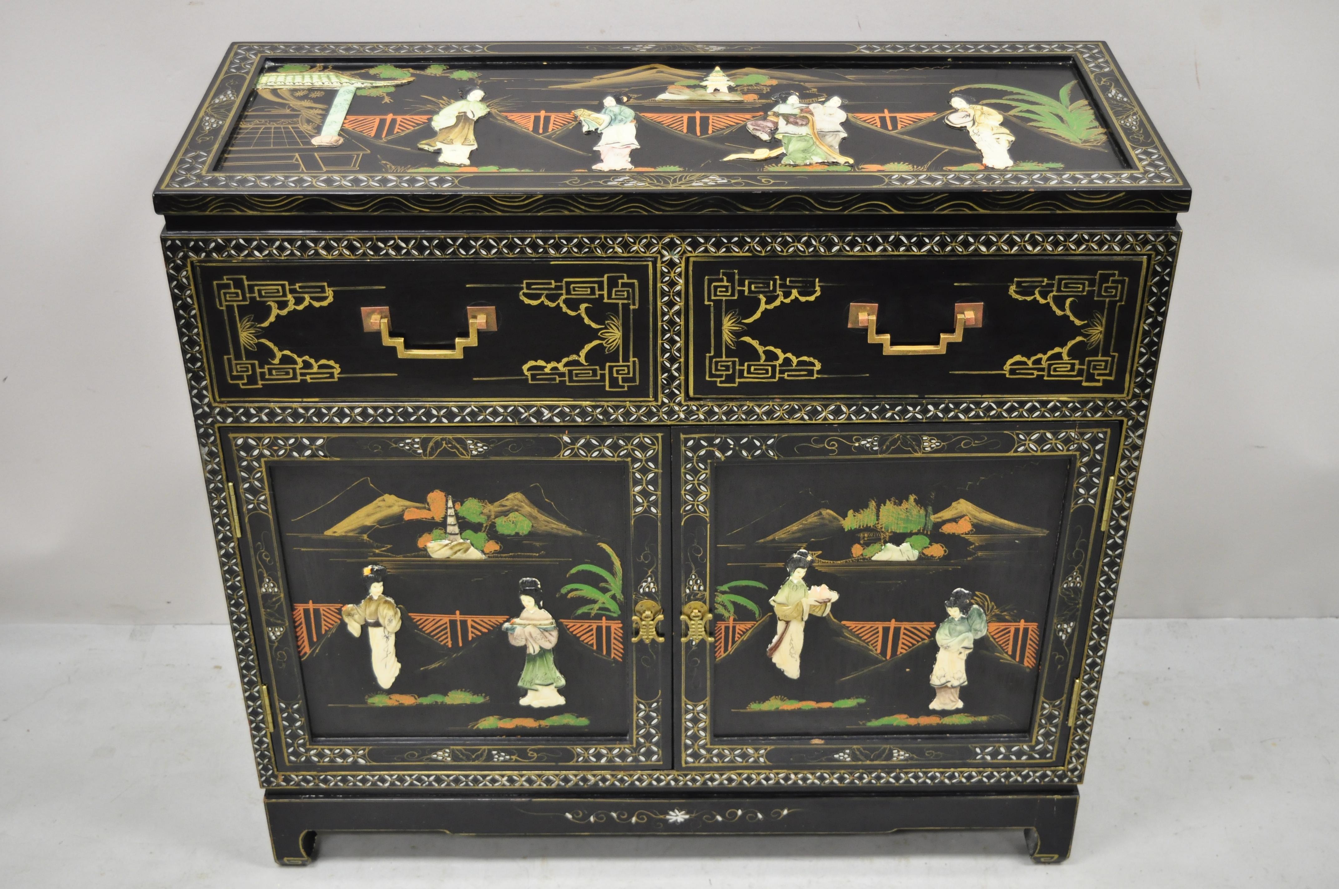 Black Lacquer Oriental Chinese Export Carved Soapstone Figural Buffet Cabinet 4