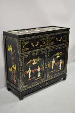 Black Lacquer Oriental Chinese Export Carved Soapstone Figural Buffet Cabinet