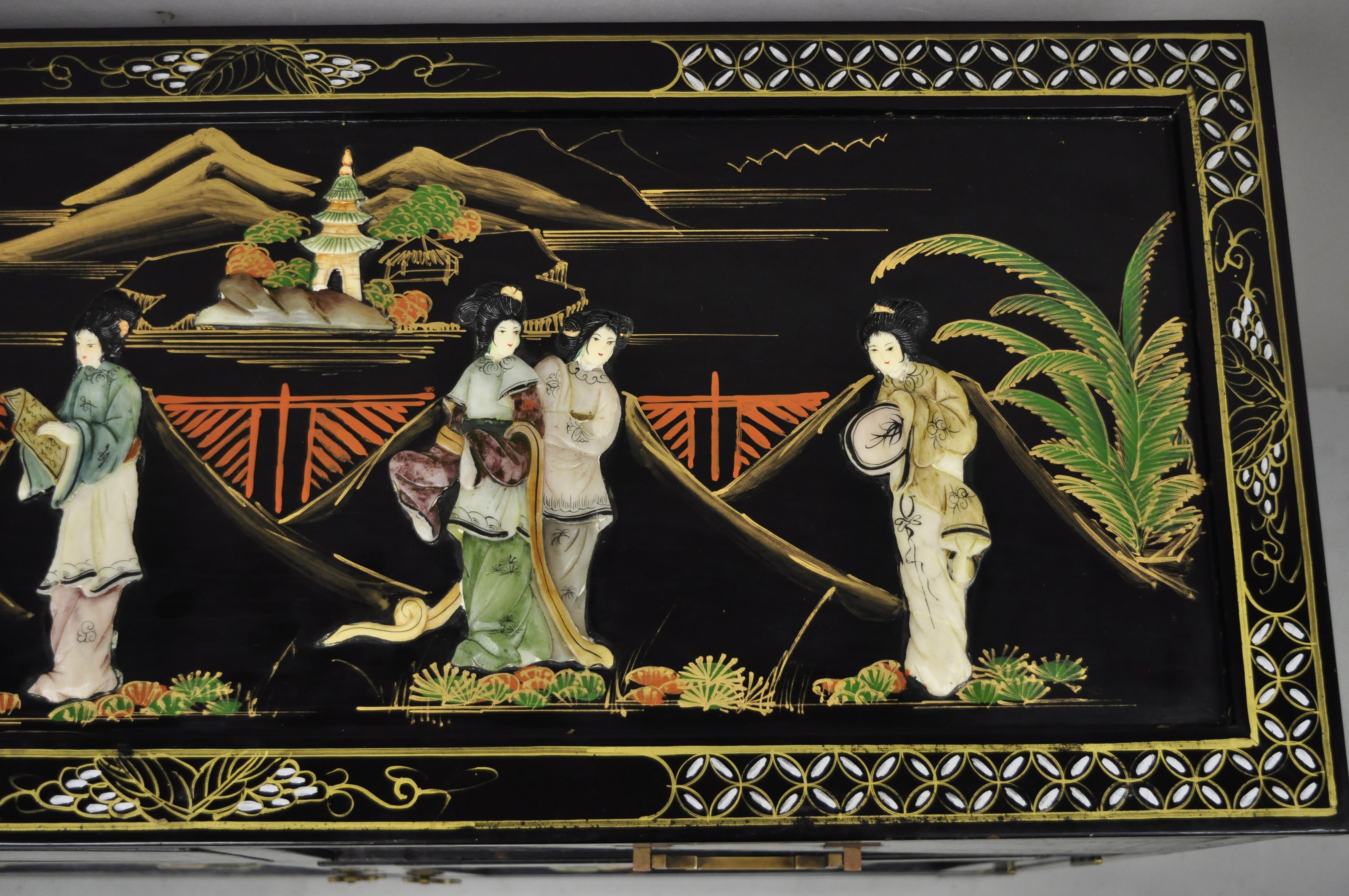 Chinoiserie Black Lacquer Oriental Chinese Export Carved Soapstone Figural Buffet Cabinet