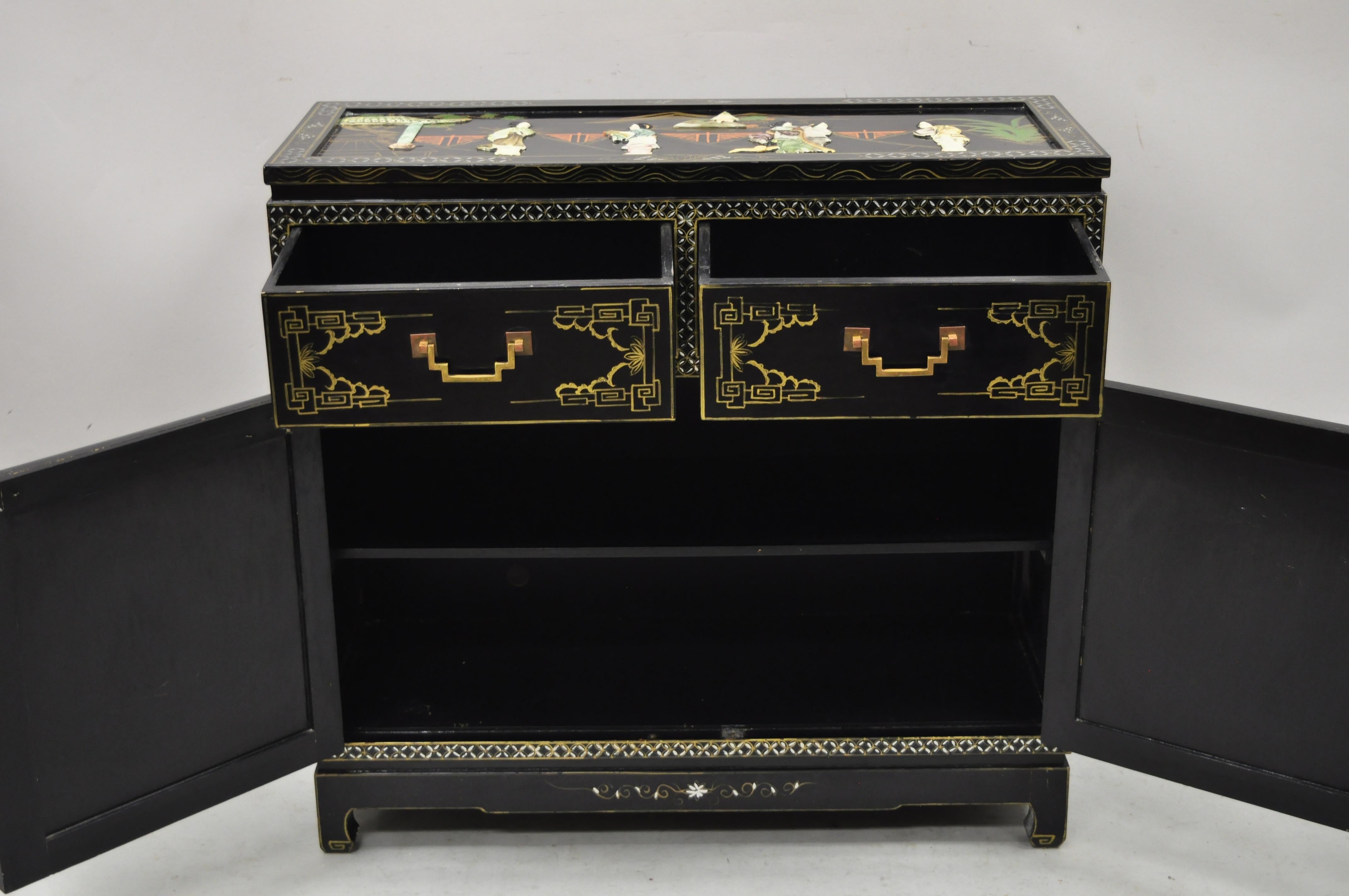 20th Century Black Lacquer Oriental Chinese Export Carved Soapstone Figural Buffet Cabinet