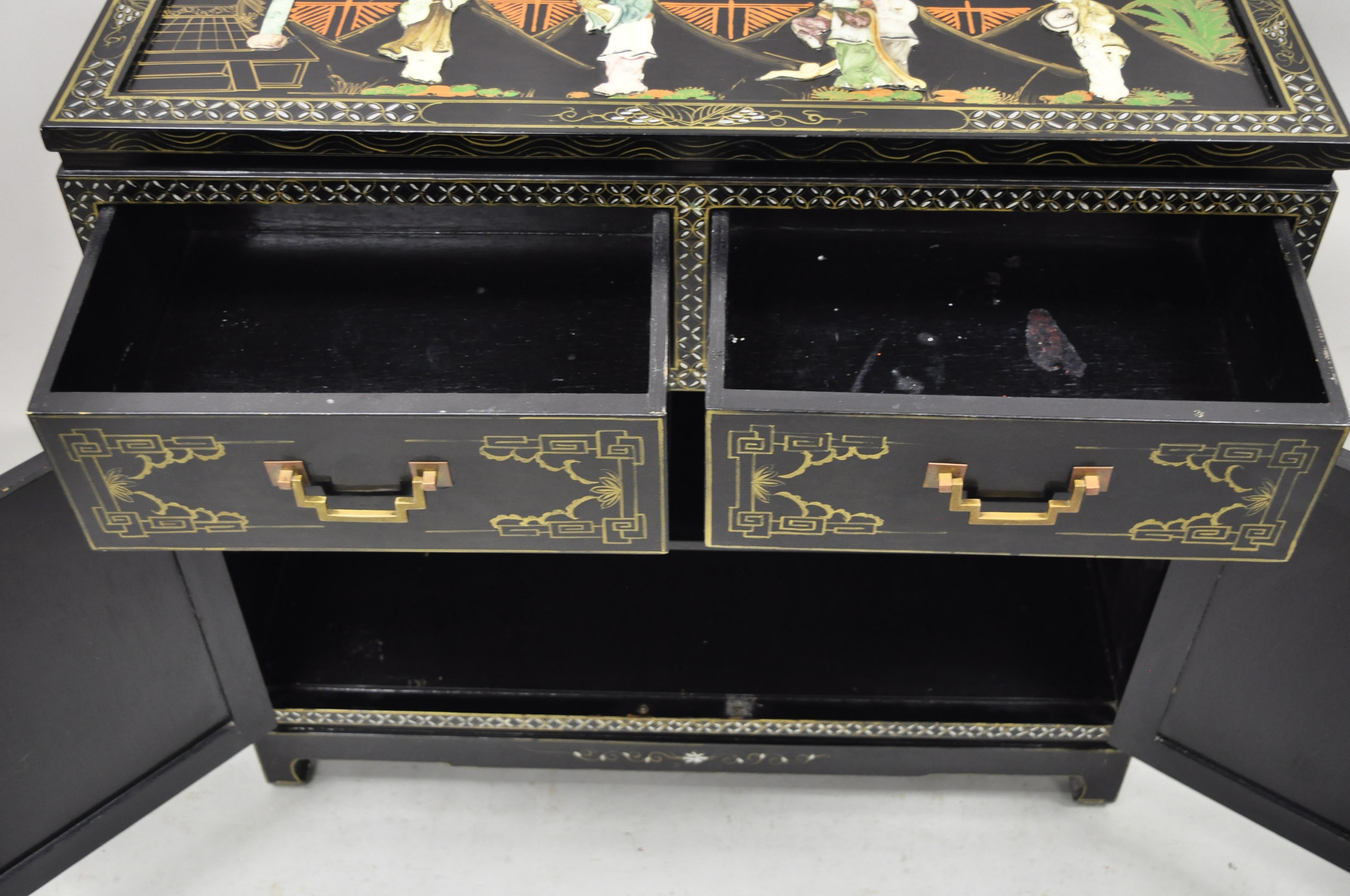 Black Lacquer Oriental Chinese Export Carved Soapstone Figural Buffet Cabinet 1