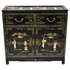 Black Lacquer Oriental Chinese Export Carved Soapstone Figural Buffet Cabinet